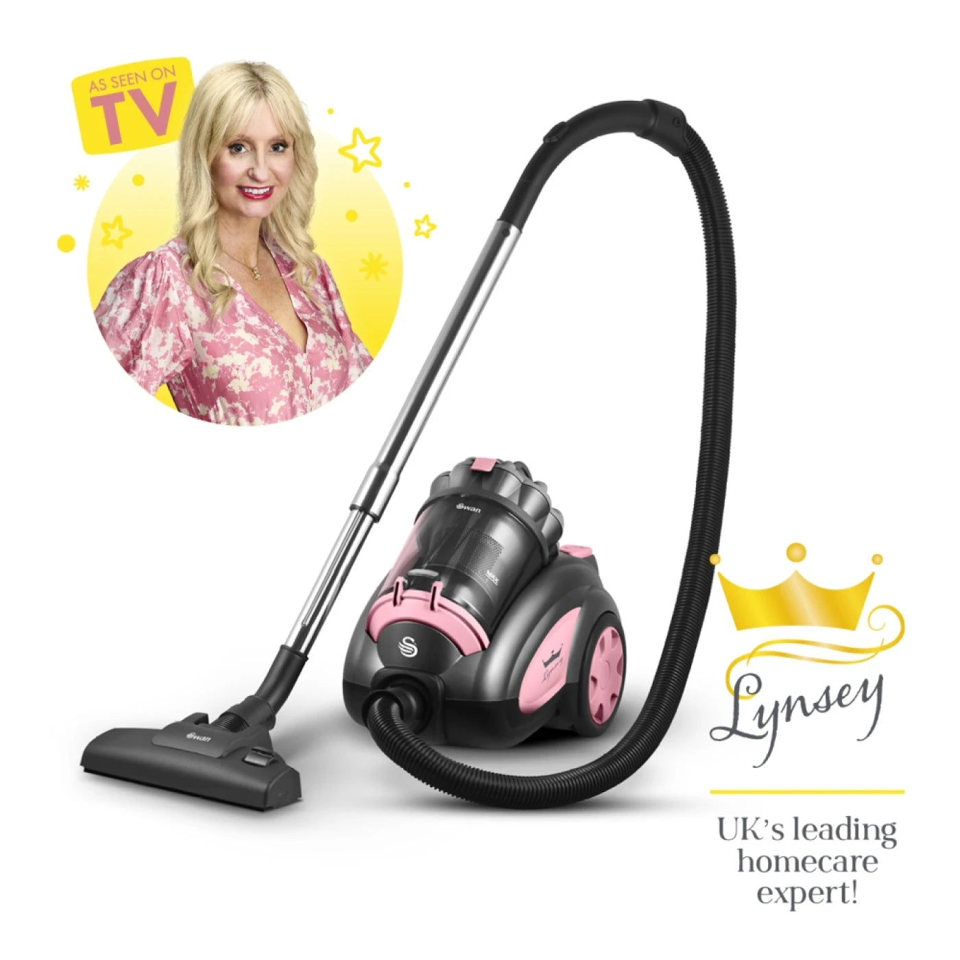Swan x Lynsey SC15817QOC Cylinder Multi-Cyclonic Pets Vacuum Cleaner with HEPA Filter, 2 Litre Dust Tank, Includes Upholstery Brush, Crevice Tool, Floorhead Brush and Turbo Pet Tool, 6m Cord Length, Pink