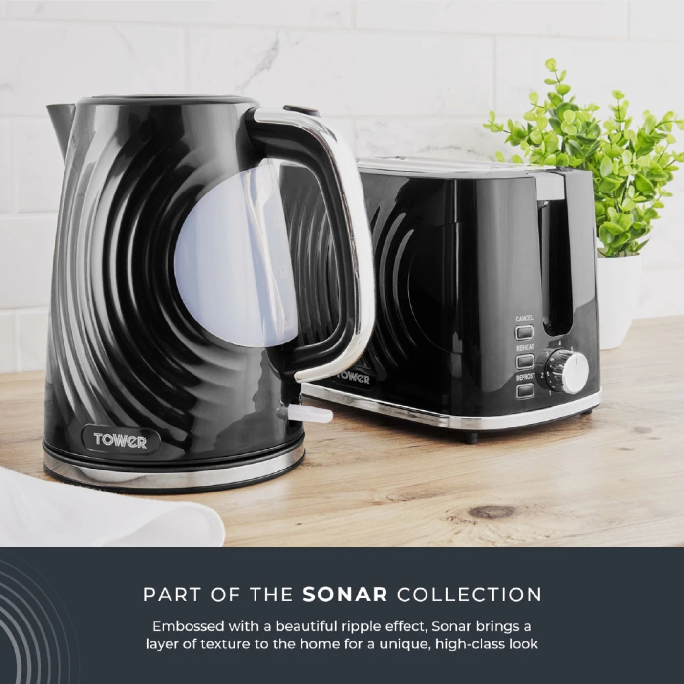 Tower T10083BLK Sonar Textured Kettle with Large Viewing Window & Blue Light, 360 Degree Base, 3000W, 1.7L