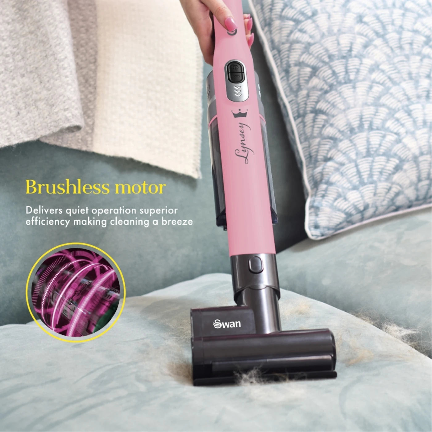 Swan SC15829QOC TV’s Queen of Clean Handheld Cordless Vacuum Cleaner, Lightweight, 2 Speed Settings, Includes 2 in 1 Nozzle, Sofa Brush, and Motorised Pet Tool, 14.8V, Pink