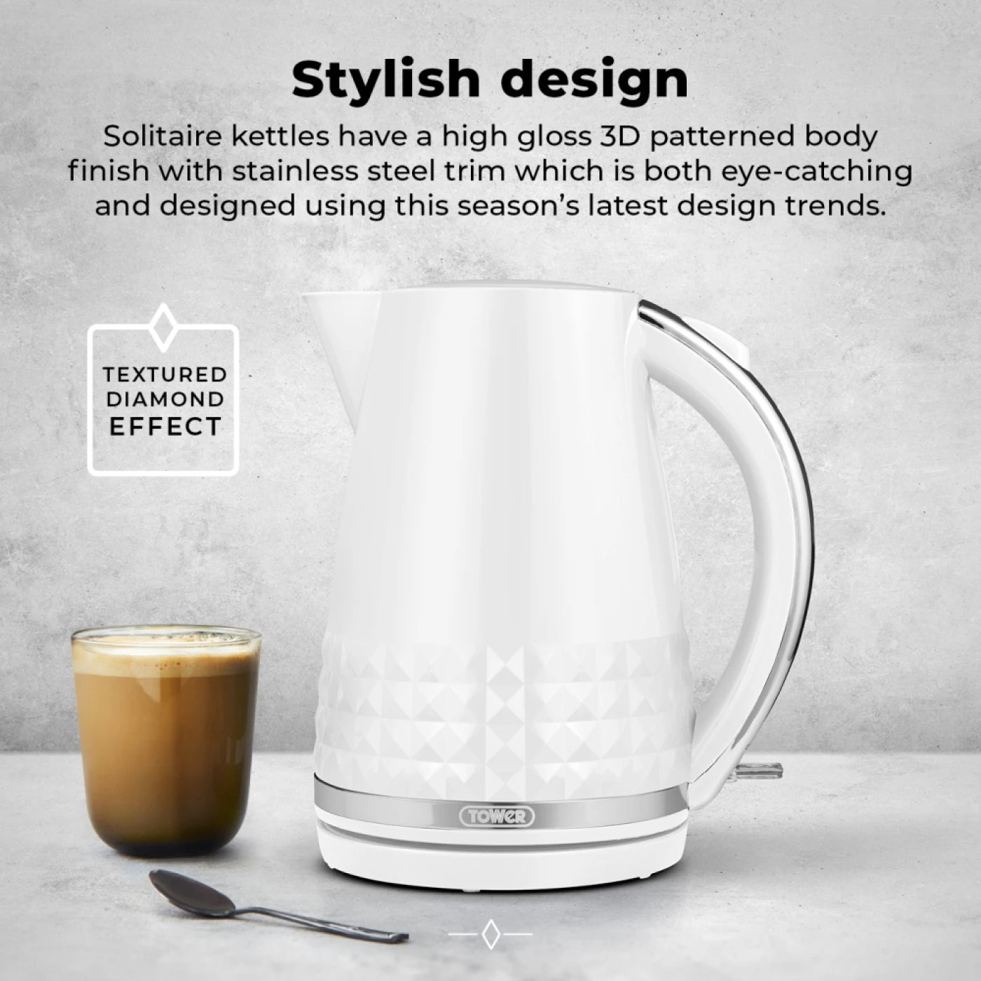 Tower T10075WHT Solitaire Kettle with 360° Swivel Base, Cord Storage, 1.5L, 3KW, White and Chrome Accents