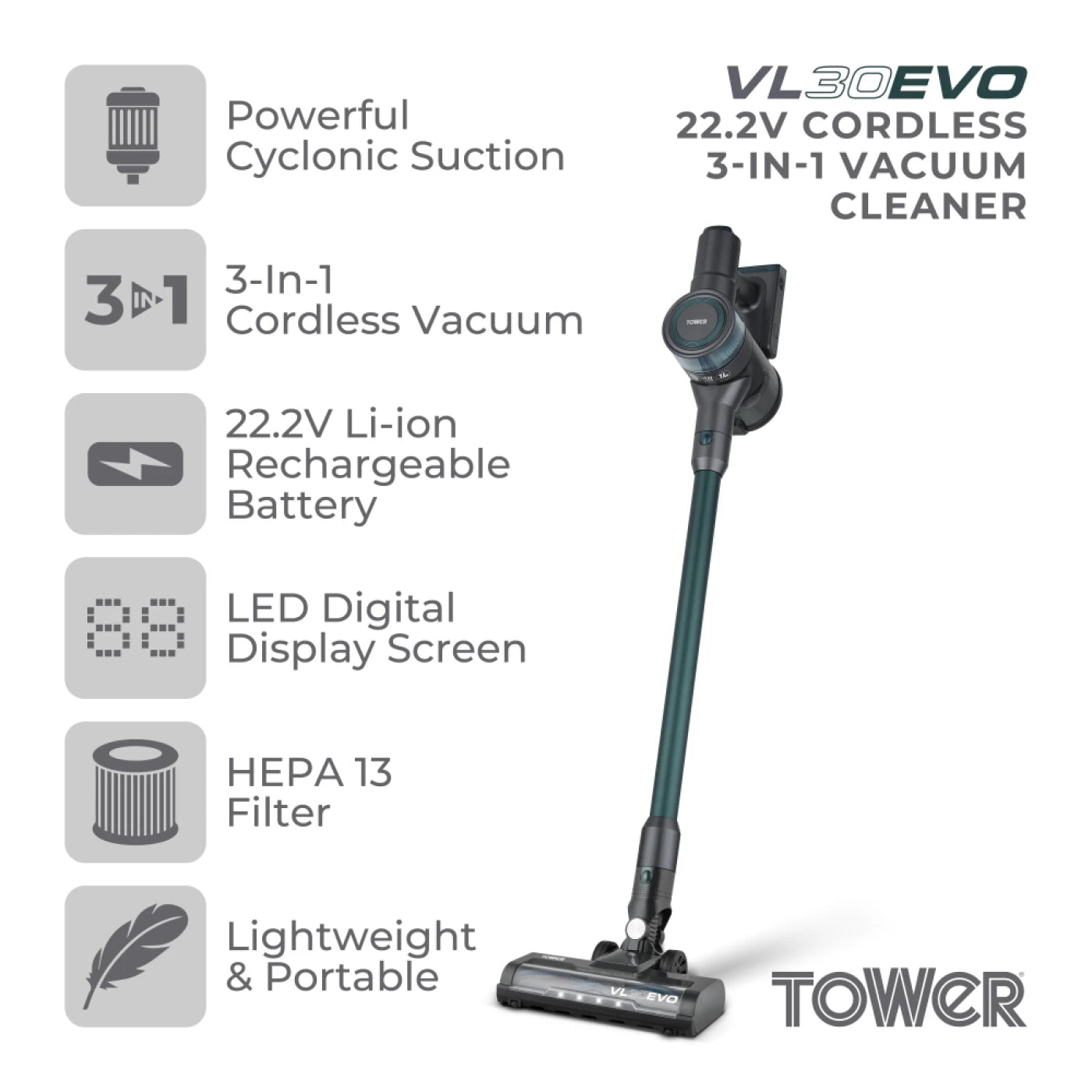 Tower T513013 VL30 EVO Cordless 3-in-1 Vacuum Cleaner with Motorised Floor Head, HEPA Filter, 1L, 150W, 22.2V, Emerald Green