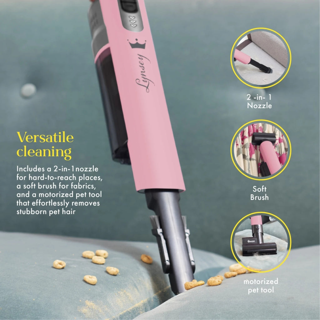 Swan SC15829QOC TV’s Queen of Clean Handheld Cordless Vacuum Cleaner, Lightweight, 2 Speed Settings, Includes 2 in 1 Nozzle, Sofa Brush, and Motorised Pet Tool, 14.8V, Pink