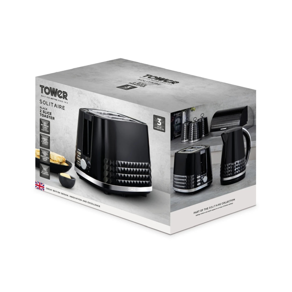 Tower T20082BLK Solitaire 2 Slice Toaster Black Chrome Accents, 850W