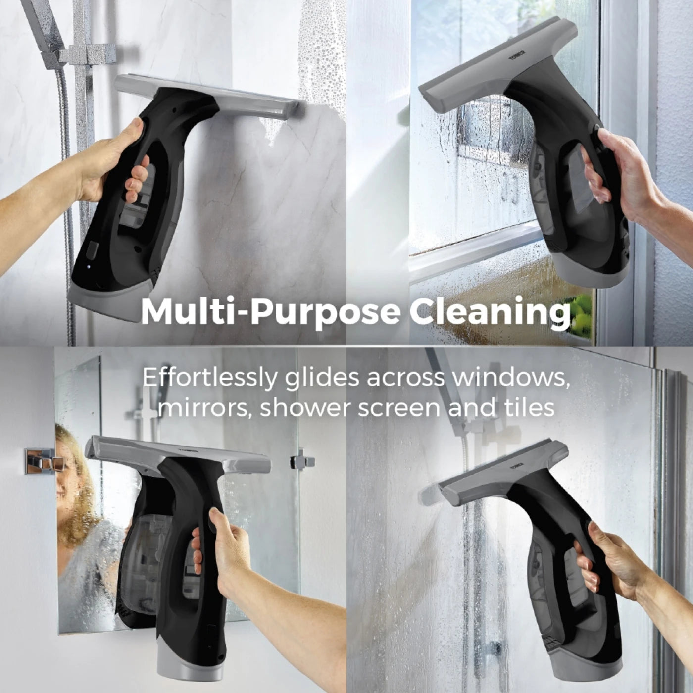 Tower T131001PL Cordless Window Vac Cleaner with Rechargeable Battery, 150ml Water Tank, 20W, Platinum