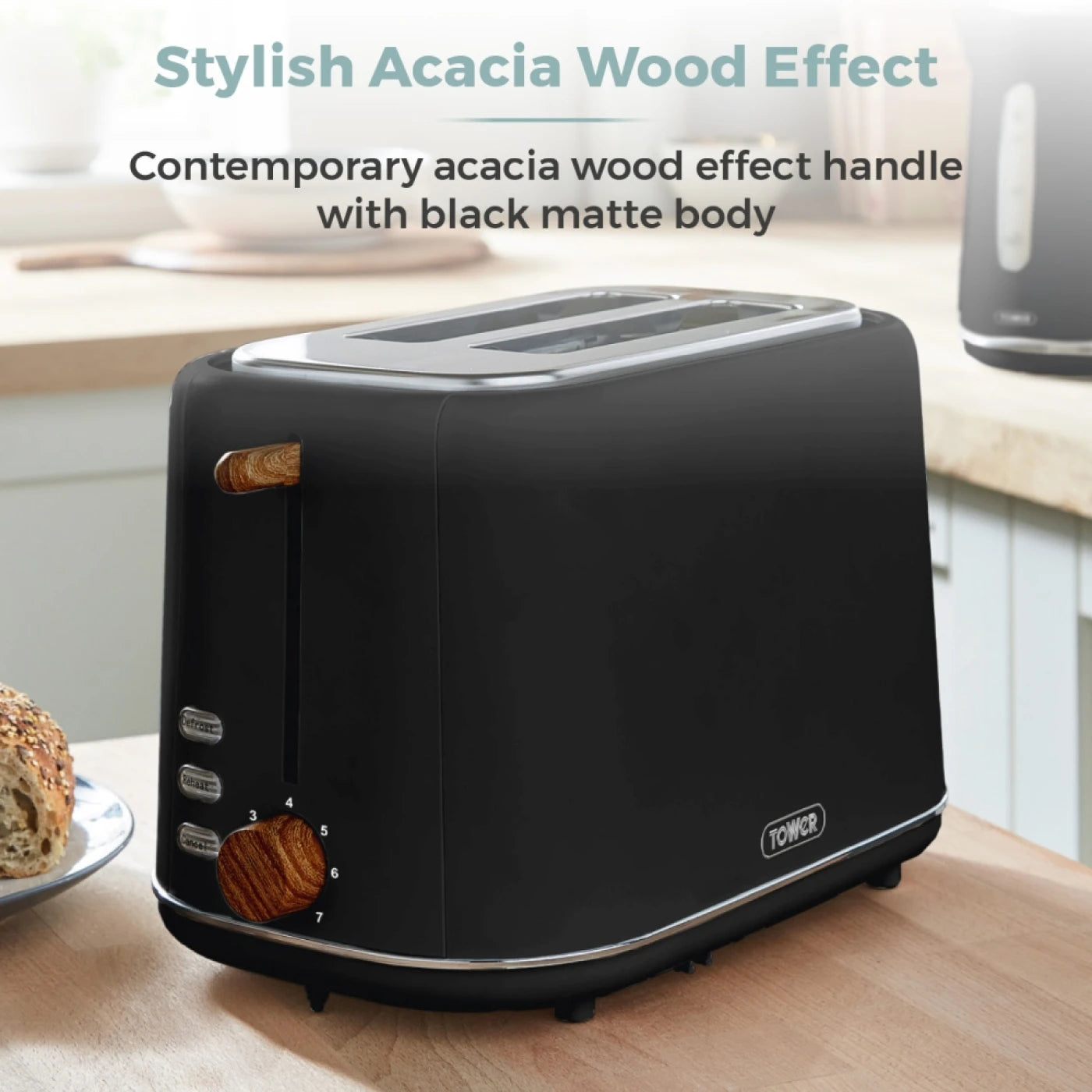 Tower T20027BLK Scandi 2 Slice Toaster with Adjustable Browning Control, Centring Function, 800W, Black