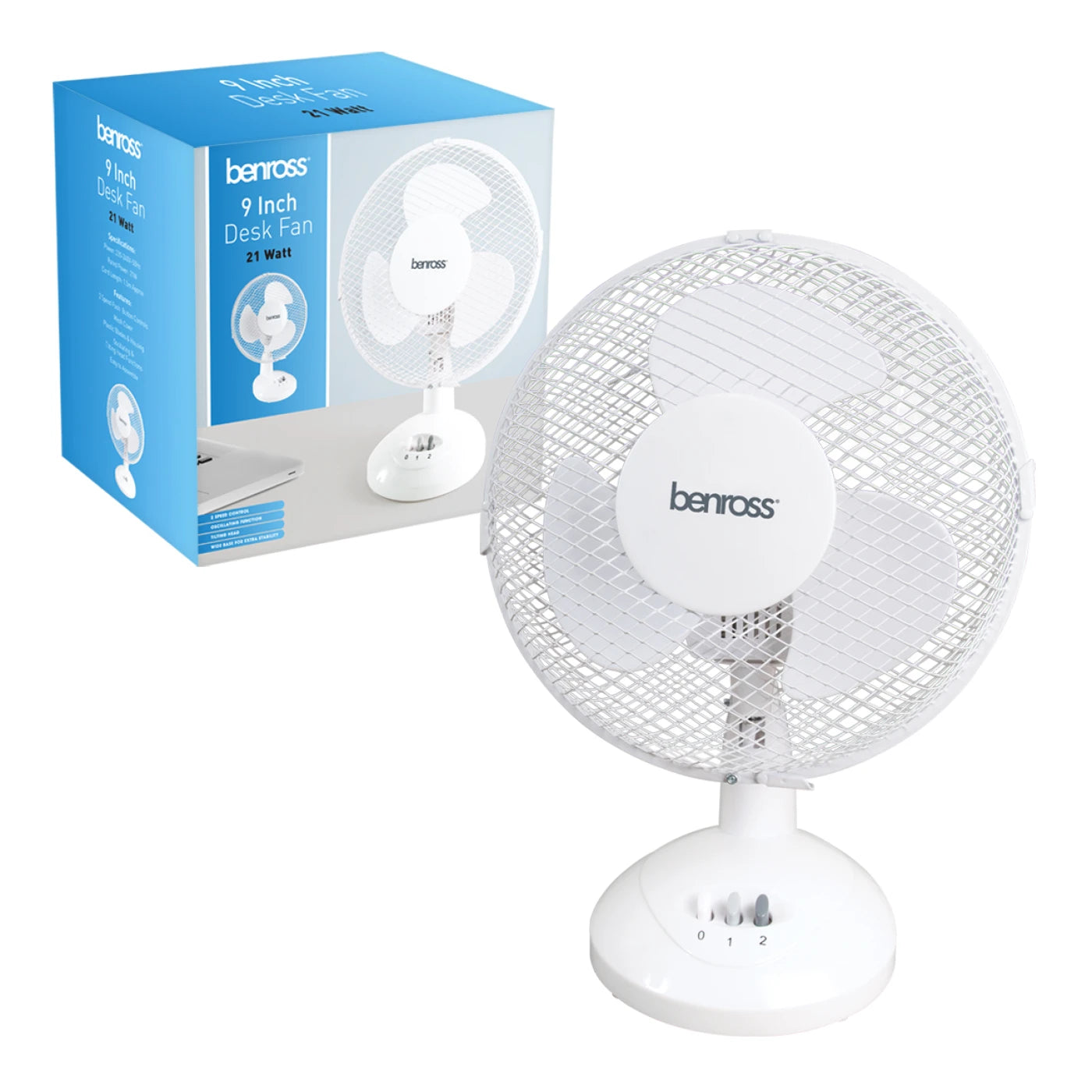 Benross 9" Desk Fan - White, Speed, Dial, Control, Airflow, Cooling, Versatile