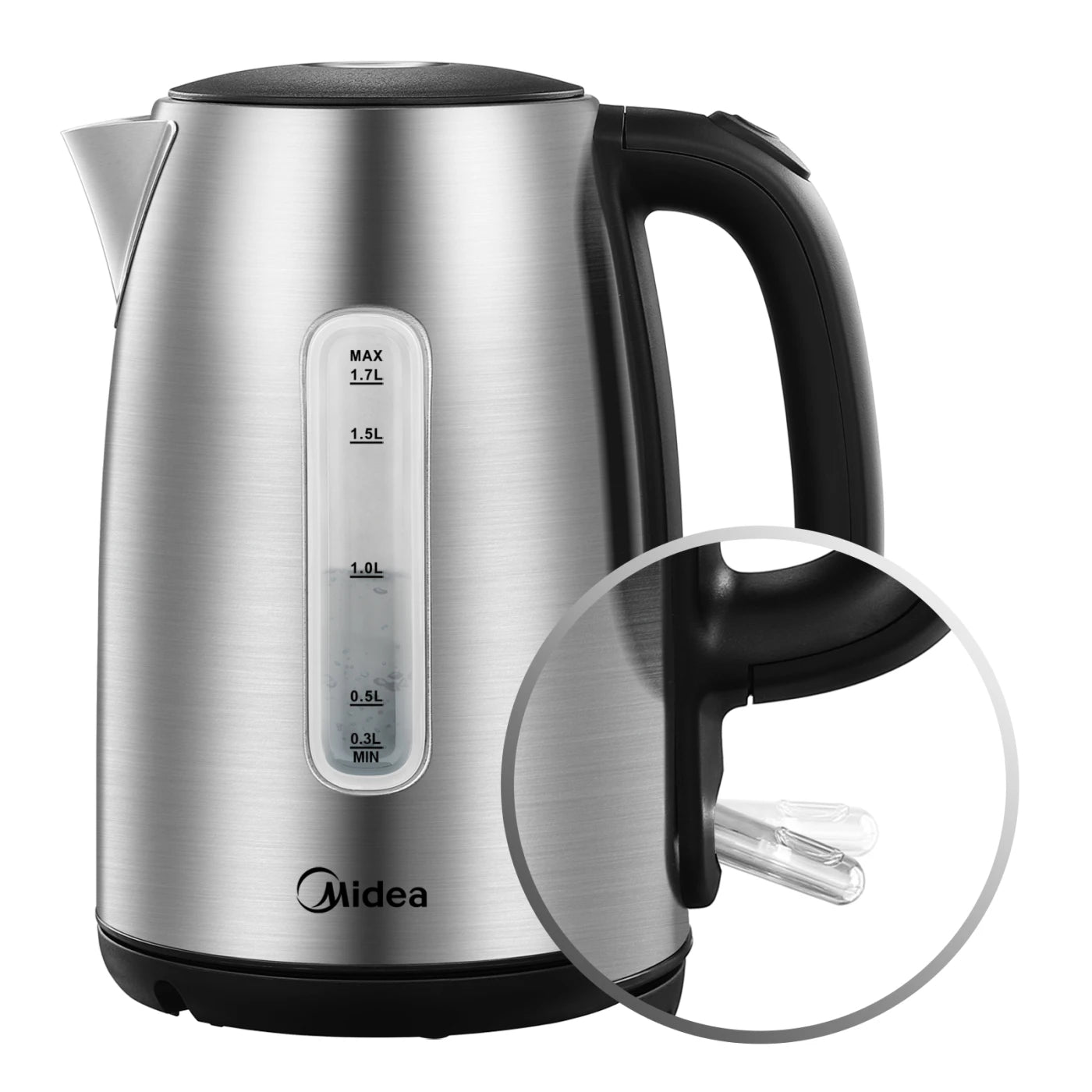 Midea Electric Kettle 3000W Fast Boil 1.7L Stainless Steel Kettle LED Indicator,Spring Lid,Removable Filter,Insulated Handle, Cordless Kettle with Water Level Indicator