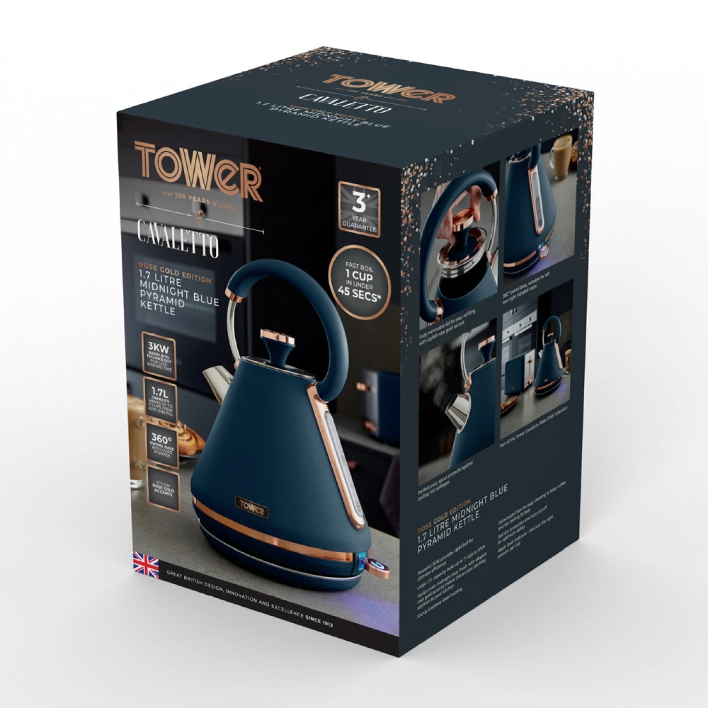 Tower T10044RG Cavaletto Pyramid Kettle with Fast Boil, Detachable Filter, 1.7L, 3000W