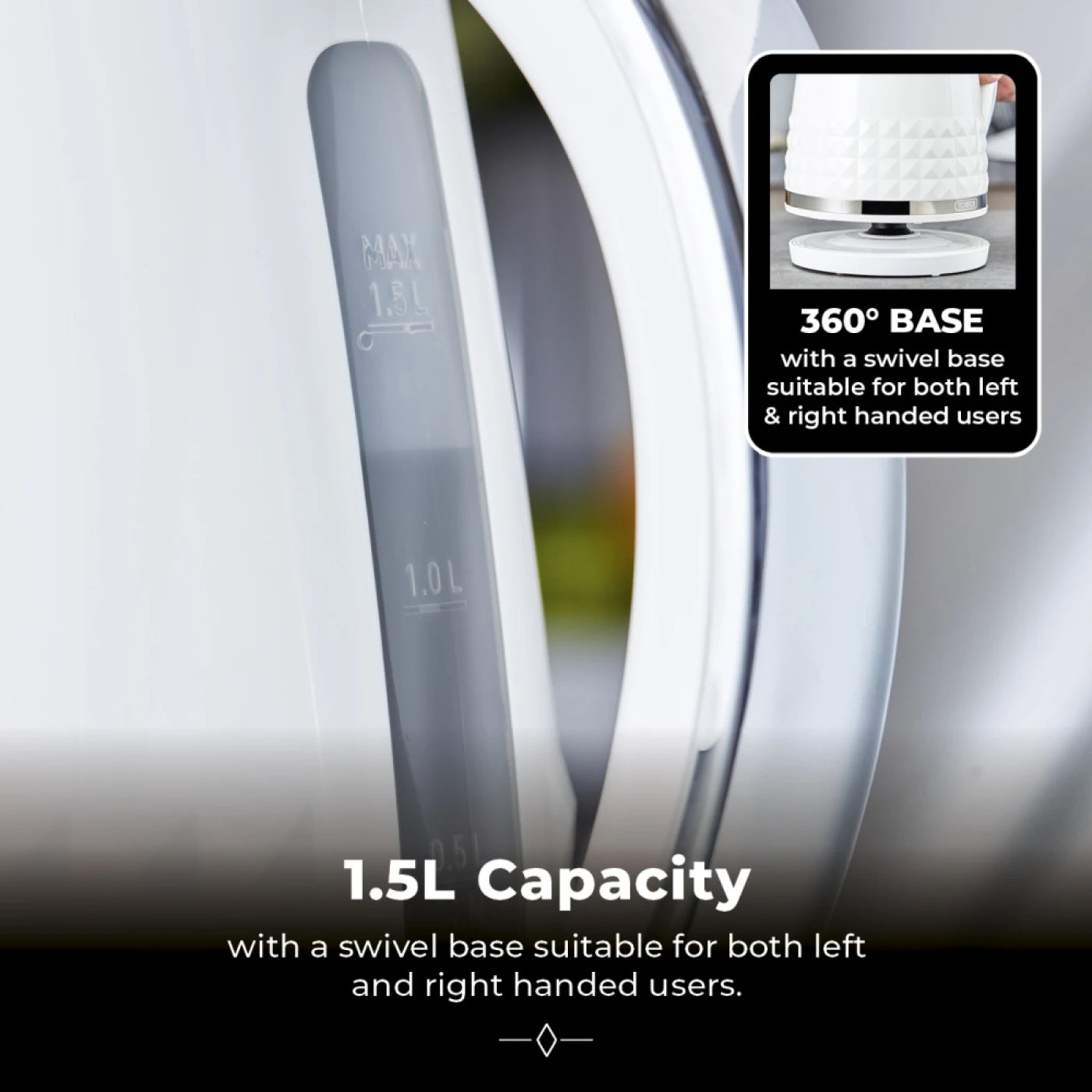 Tower T10075WHT Solitaire Kettle with 360° Swivel Base, Cord Storage, 1.5L, 3KW, White and Chrome Accents