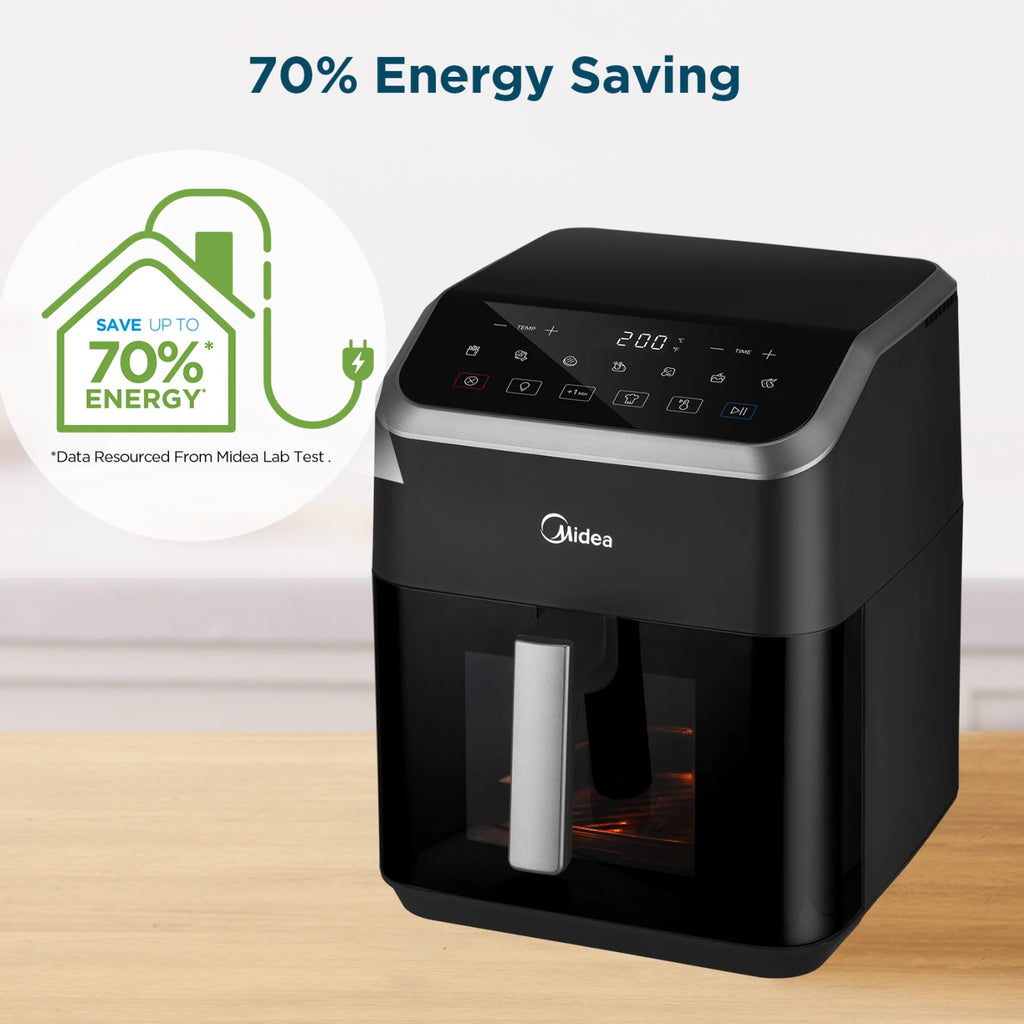 Midea Air Fryer with Visible Window 5.2L, HeatXpress Rapid Air Technology, 90% Less Oil, Energy Saving, 7-In-1 Presets, Non-Stick, Dishwasher Safe