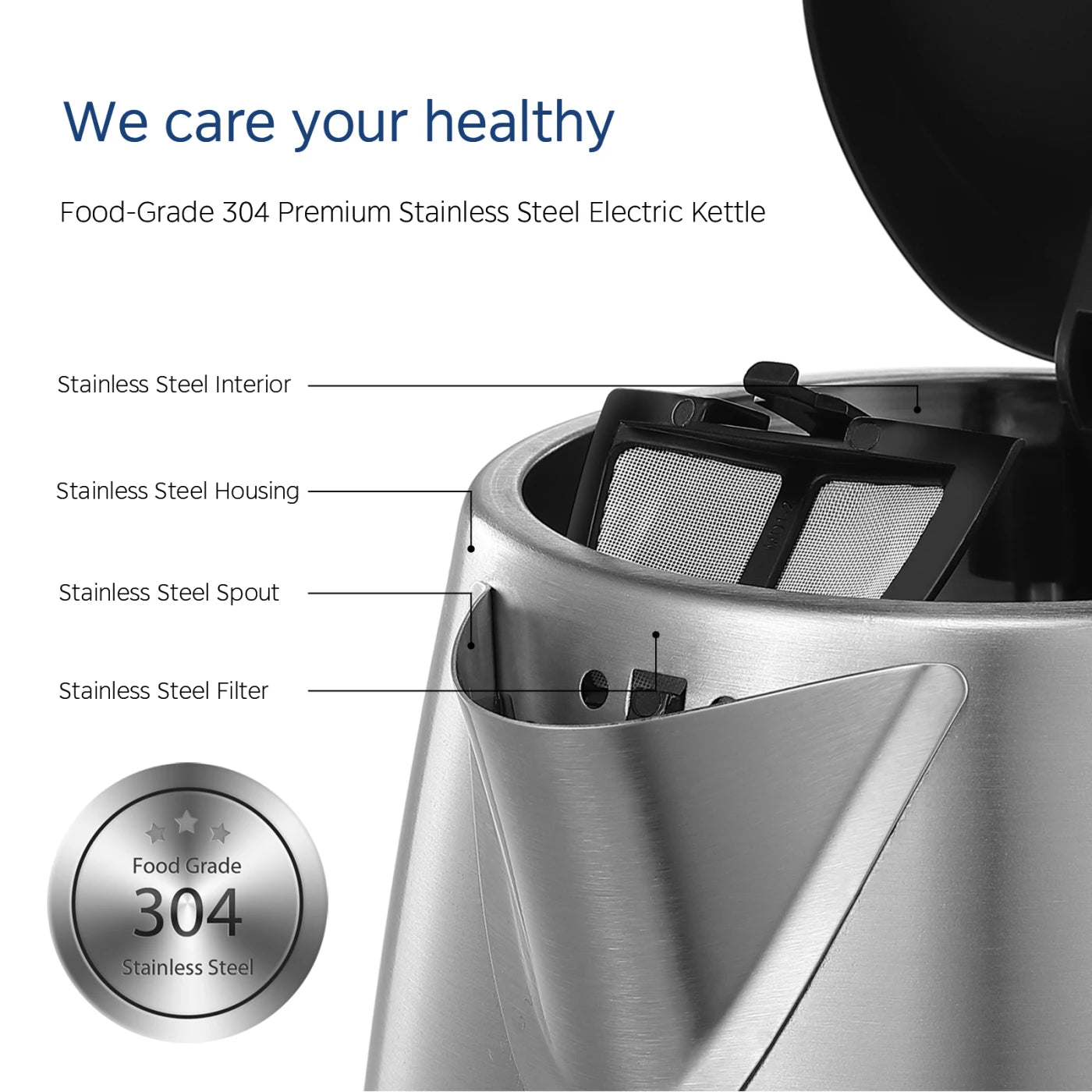 Midea Electric Kettle 3000W Fast Boil 1.7L Stainless Steel Kettle LED Indicator,Spring Lid,Removable Filter,Insulated Handle, Cordless Kettle with Water Level Indicator