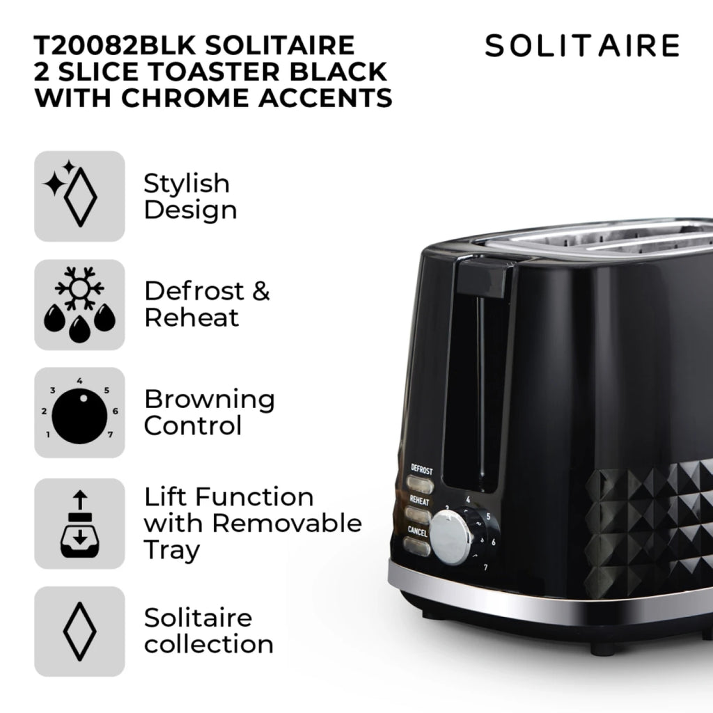 Tower T20082BLK Solitaire 2 Slice Toaster Black Chrome Accents, 850W
