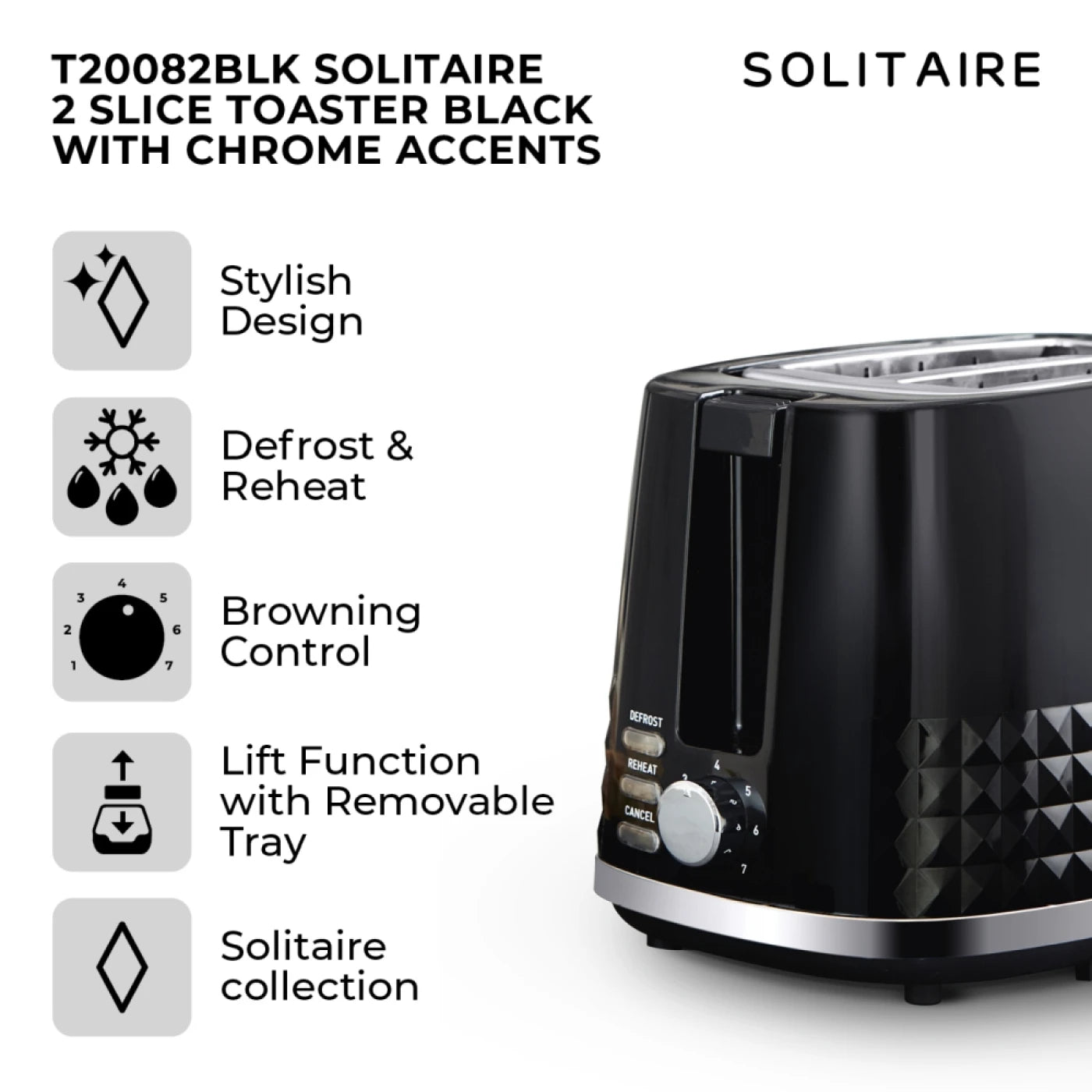 Tower T20082BLK Solitaire 2 Slice Toaster Black Chrome Accents, 850W