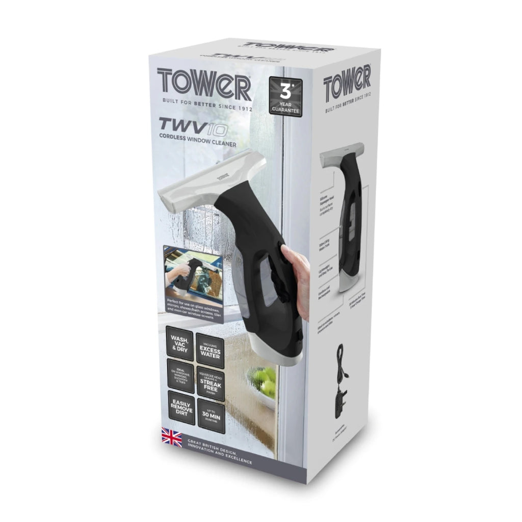 Tower T131001PL Cordless Window Vac Cleaner with Rechargeable Battery, 150ml Water Tank, 20W, Platinum