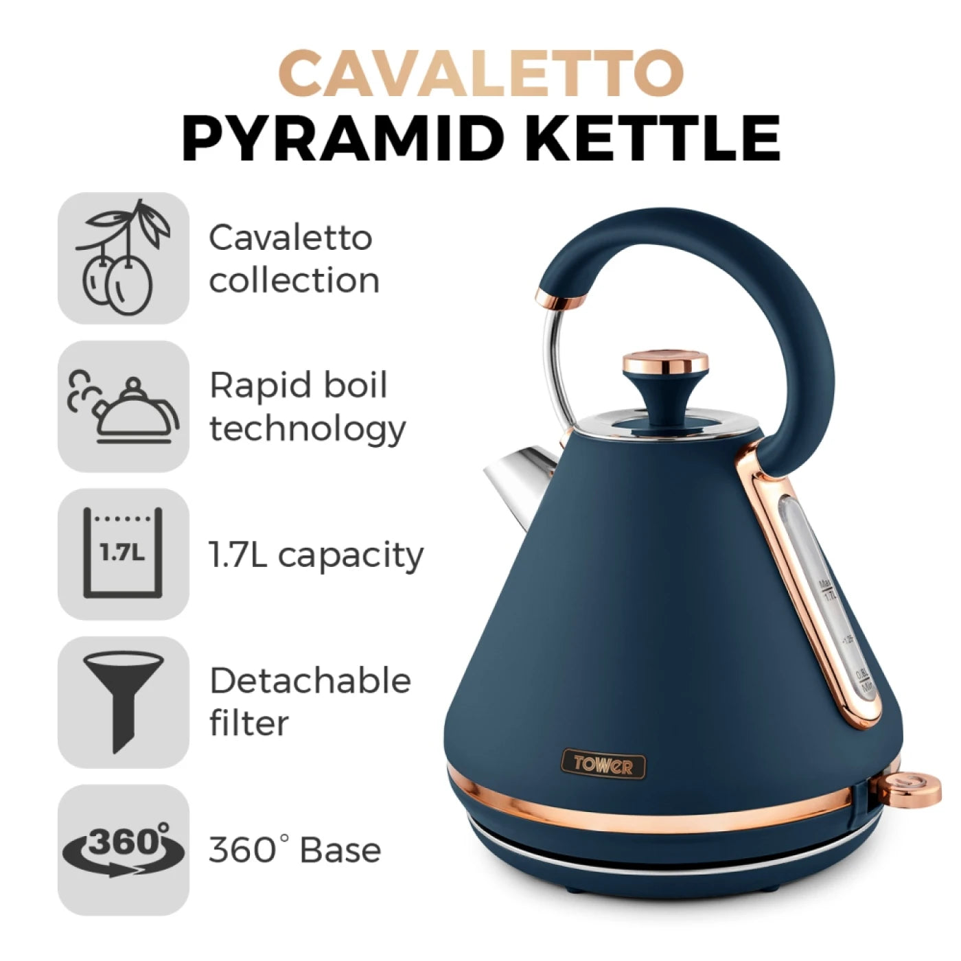 Tower T10044RG Cavaletto Pyramid Kettle with Fast Boil, Detachable Filter, 1.7L, 3000W