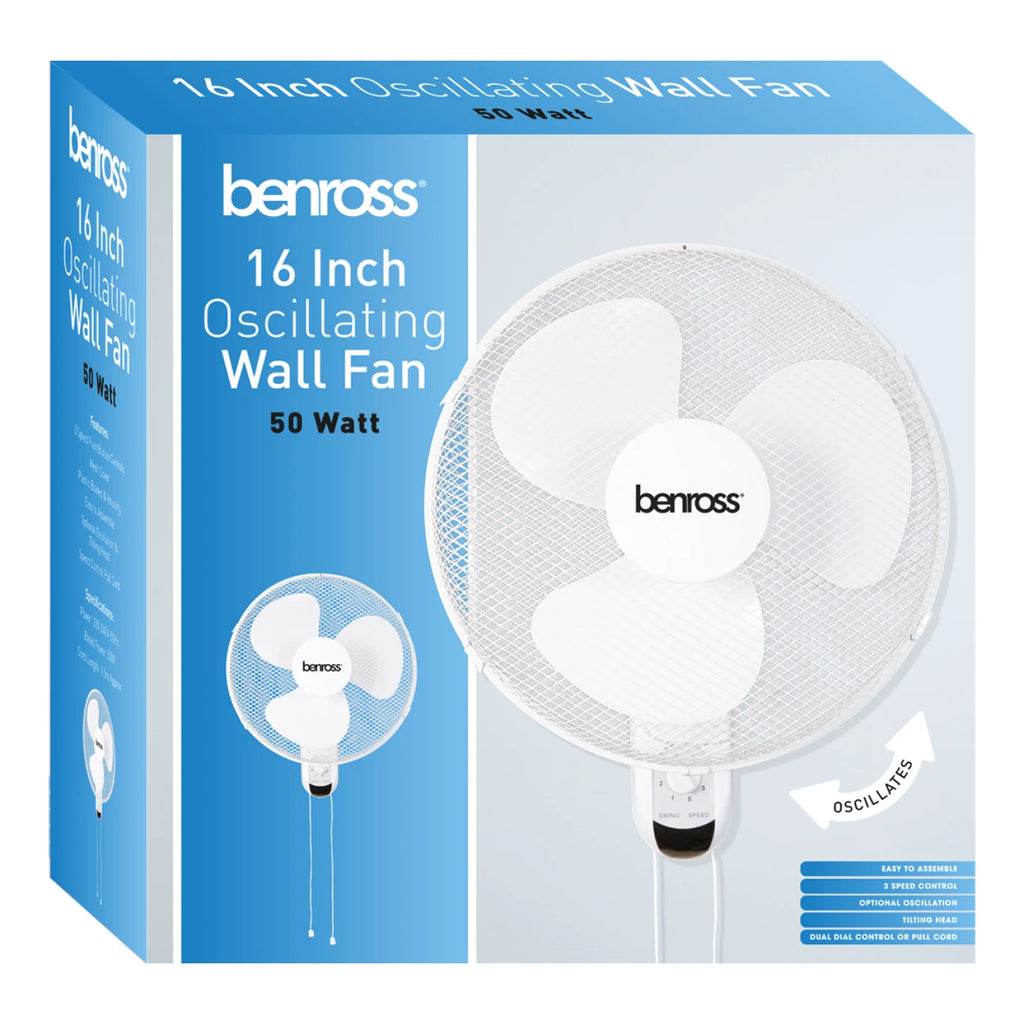 Benross 16" Oscillating Wall Fan Mounted, Speed, Oscillation, Tilting Head, Hassle Free Control