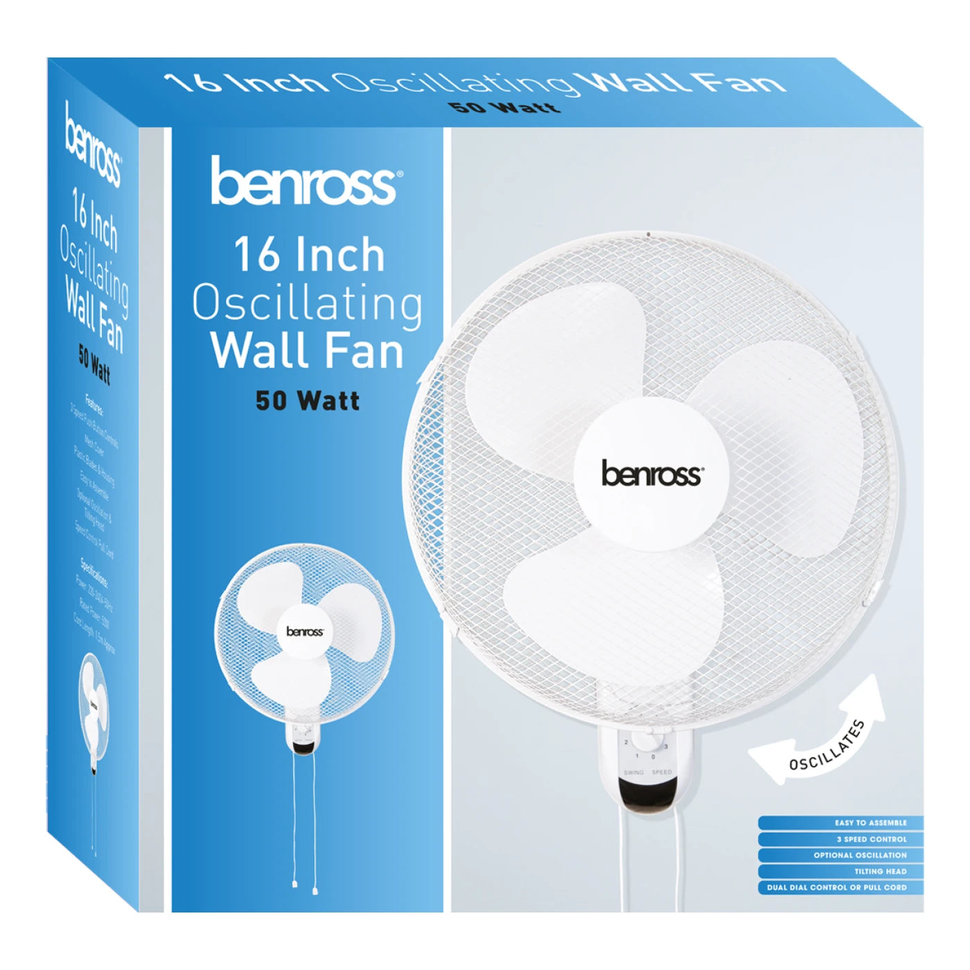 Benross 16" Oscillating Wall Fan Mounted, Speed, Oscillation, Tilting Head, Hassle Free Control