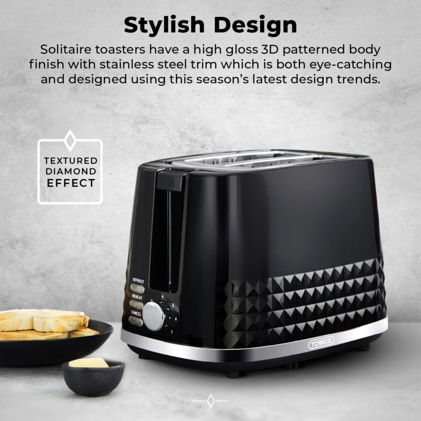 Tower T20082BLK Solitaire 2 Slice Toaster Black Chrome Accents, 850W