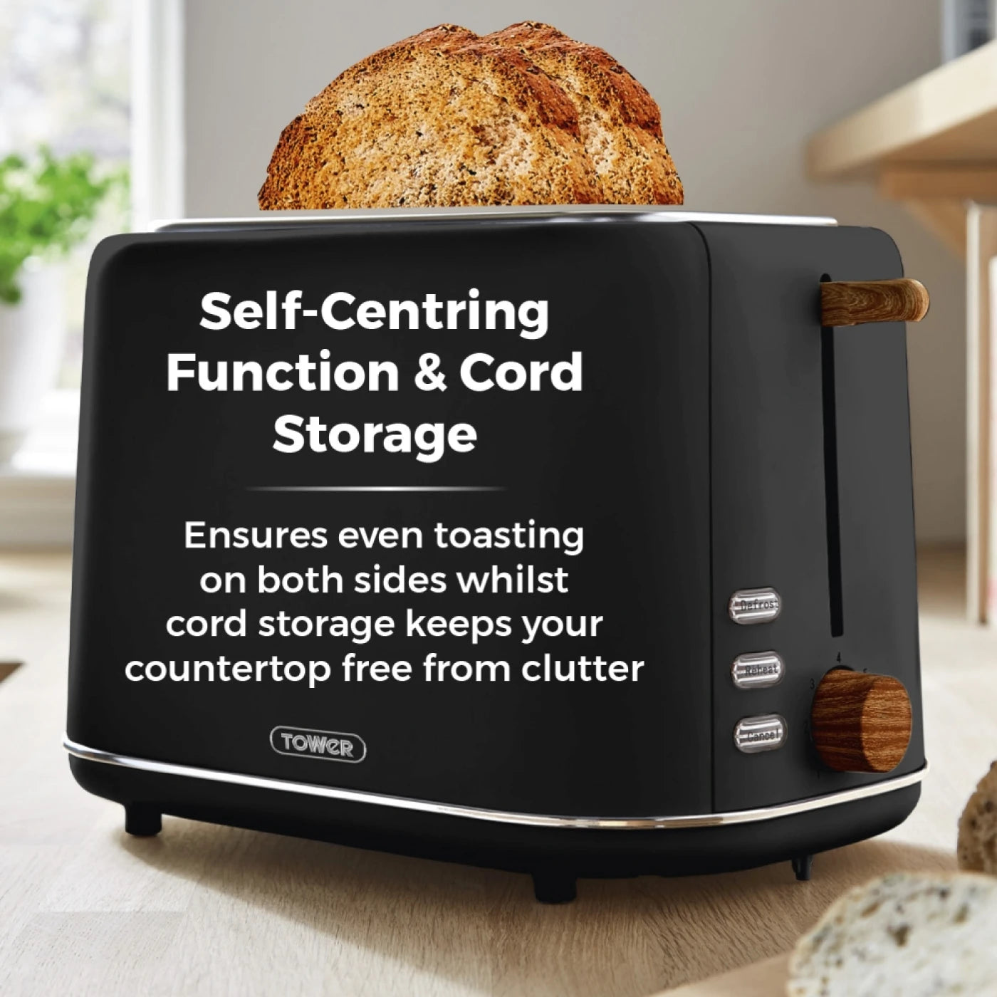 Tower T20027BLK Scandi 2 Slice Toaster with Adjustable Browning Control, Centring Function, 800W, Black