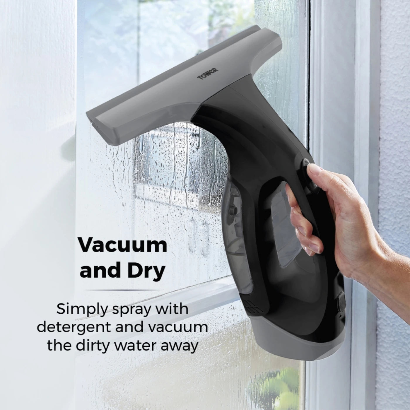 Tower T131001PL Cordless Window Vac Cleaner with Rechargeable Battery, 150ml Water Tank, 20W, Platinum