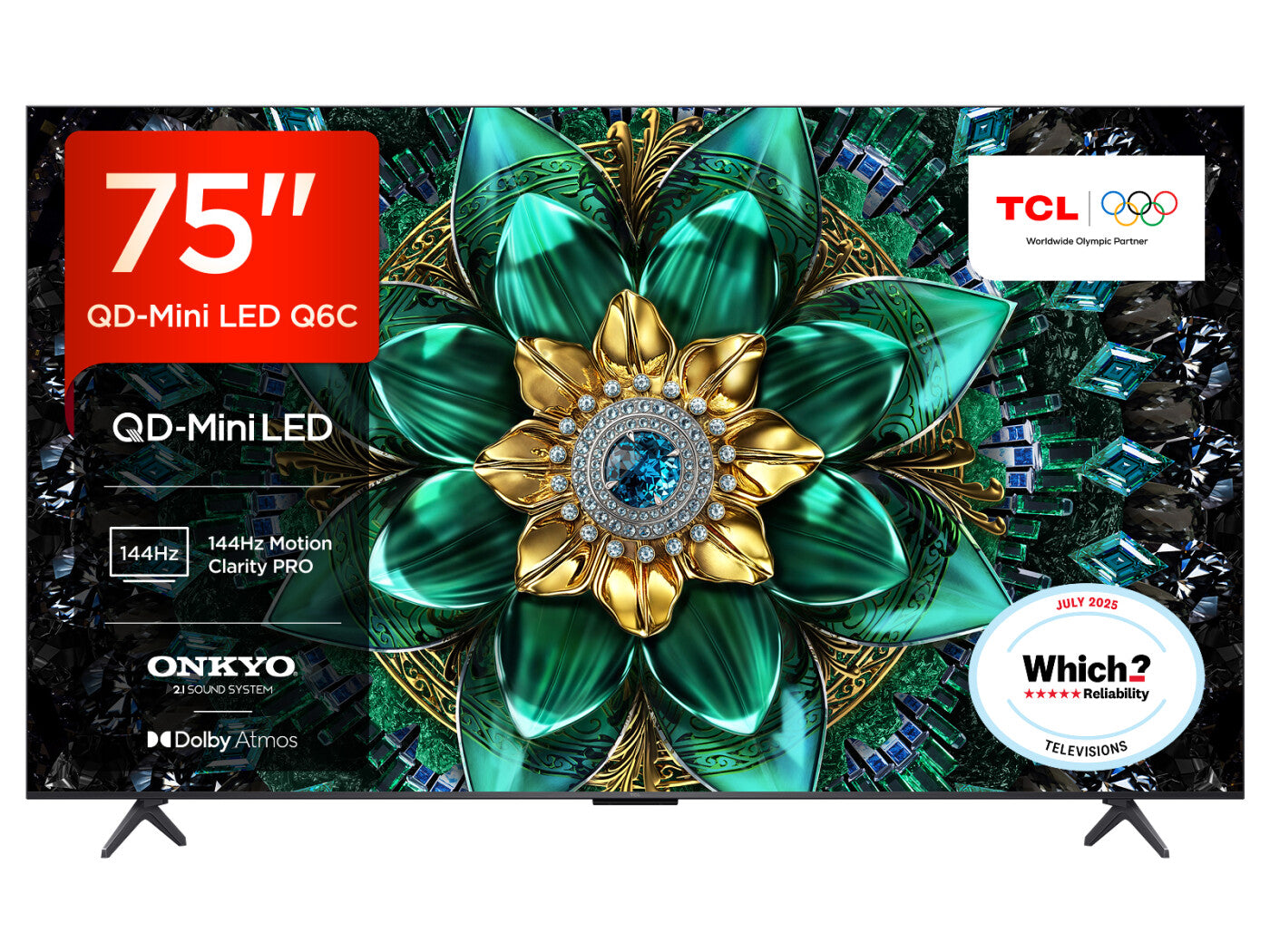 TCL 75Q6C-UK 75" QD-Mini LED TV, 4K HDR Premium 1000nits, Smart TV Powered by Google TV (Dolby Vision IQ & Atmos, Onkyo 2.1 Sound System, 144Hz Motion Clarity Pro, Game Master, 2025 New Model) [Energy Class E]