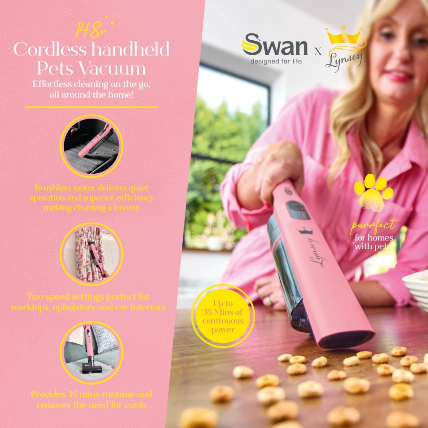 Swan SC15829QOC TV’s Queen of Clean Handheld Cordless Vacuum Cleaner, Lightweight, 2 Speed Settings, Includes 2 in 1 Nozzle, Sofa Brush, and Motorised Pet Tool, 14.8V, Pink