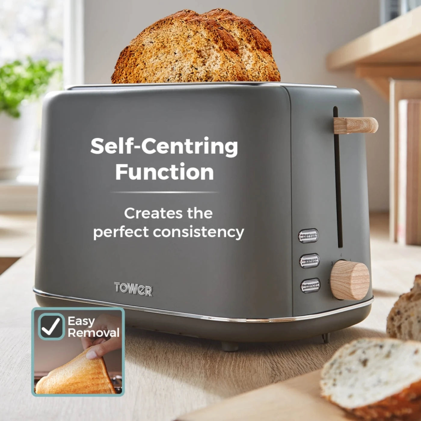Tower T20027G Scandi 2 Slice Toaster with Adjustable Browning Control, Centring Function, 800W, Grey