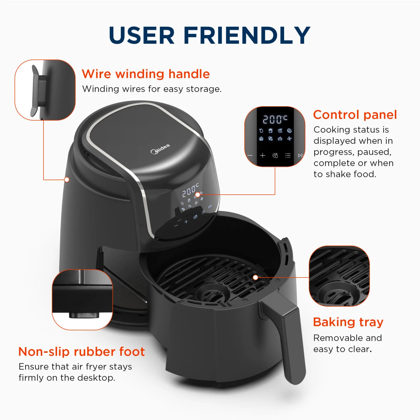Midea Air Fryer 4L, Oil-Free Airfryer 1500W, 8 Pre-Programmed Cooking Modes, 35-200°C, Baking, Roasting, Grilling, Defrosting, Shake Alarm, 60-Minute Timer