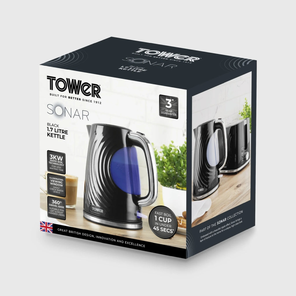 Tower T10083BLK Sonar Textured Kettle with Large Viewing Window & Blue Light, 360 Degree Base, 3000W, 1.7L