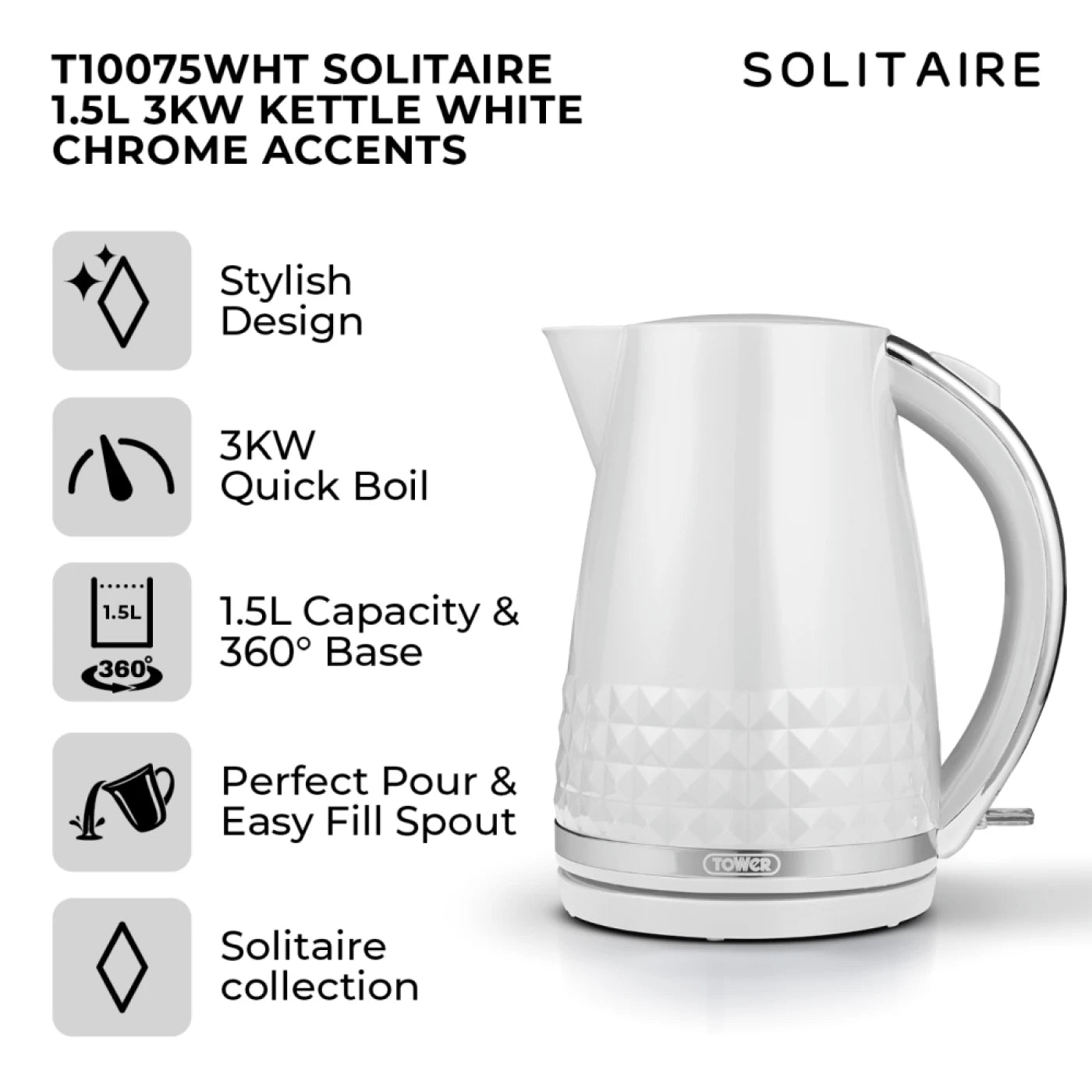 Tower T10075WHT Solitaire Kettle with 360° Swivel Base, Cord Storage, 1.5L, 3KW, White and Chrome Accents