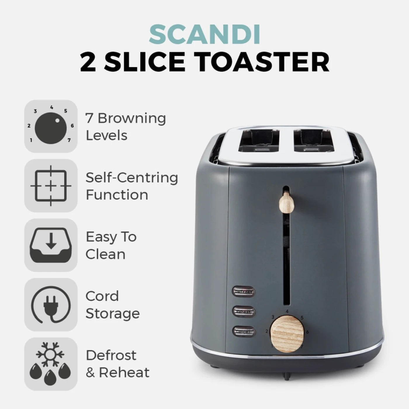 Tower T20027G Scandi 2 Slice Toaster with Adjustable Browning Control, Centring Function, 800W, Grey