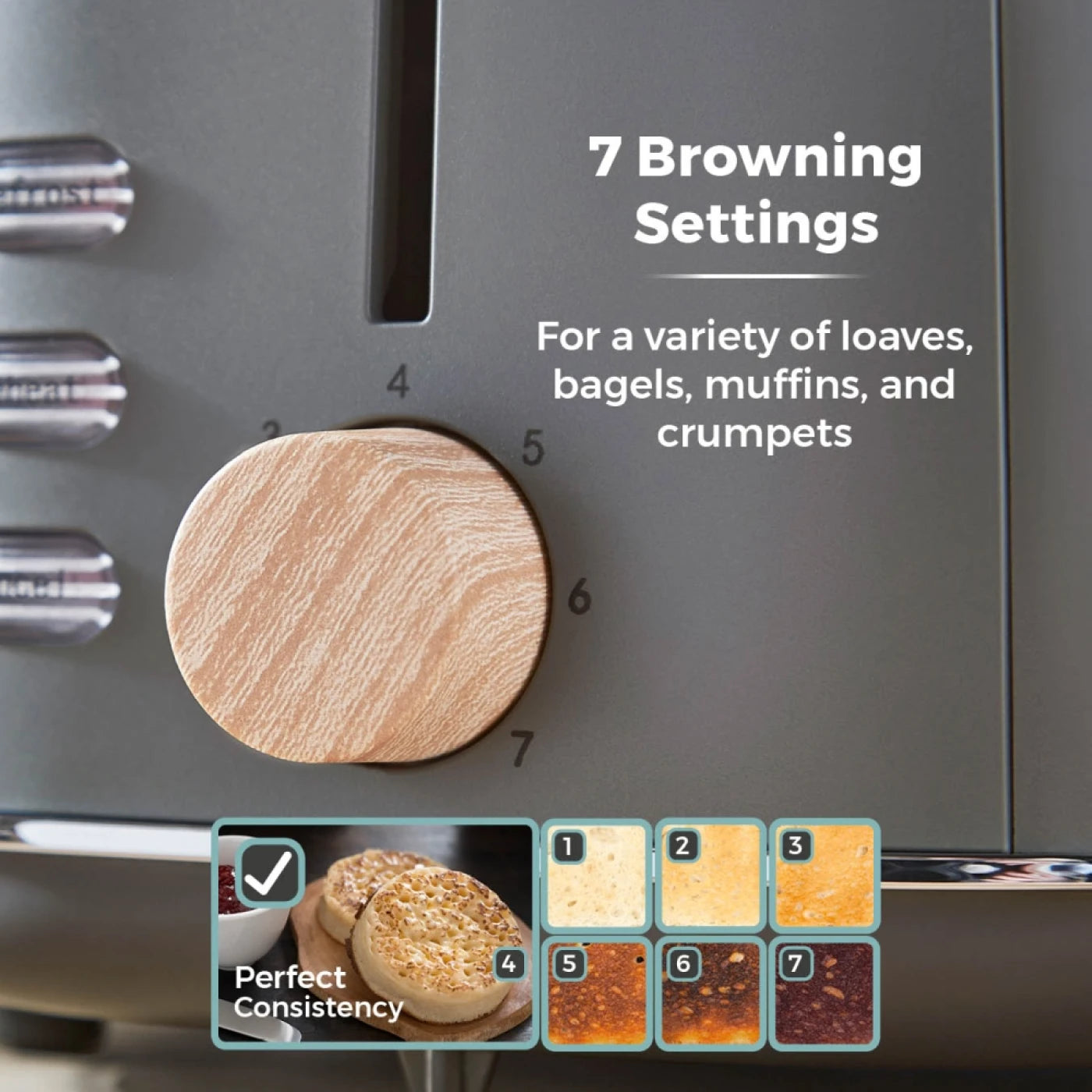 Tower T20027G Scandi 2 Slice Toaster with Adjustable Browning Control, Centring Function, 800W, Grey
