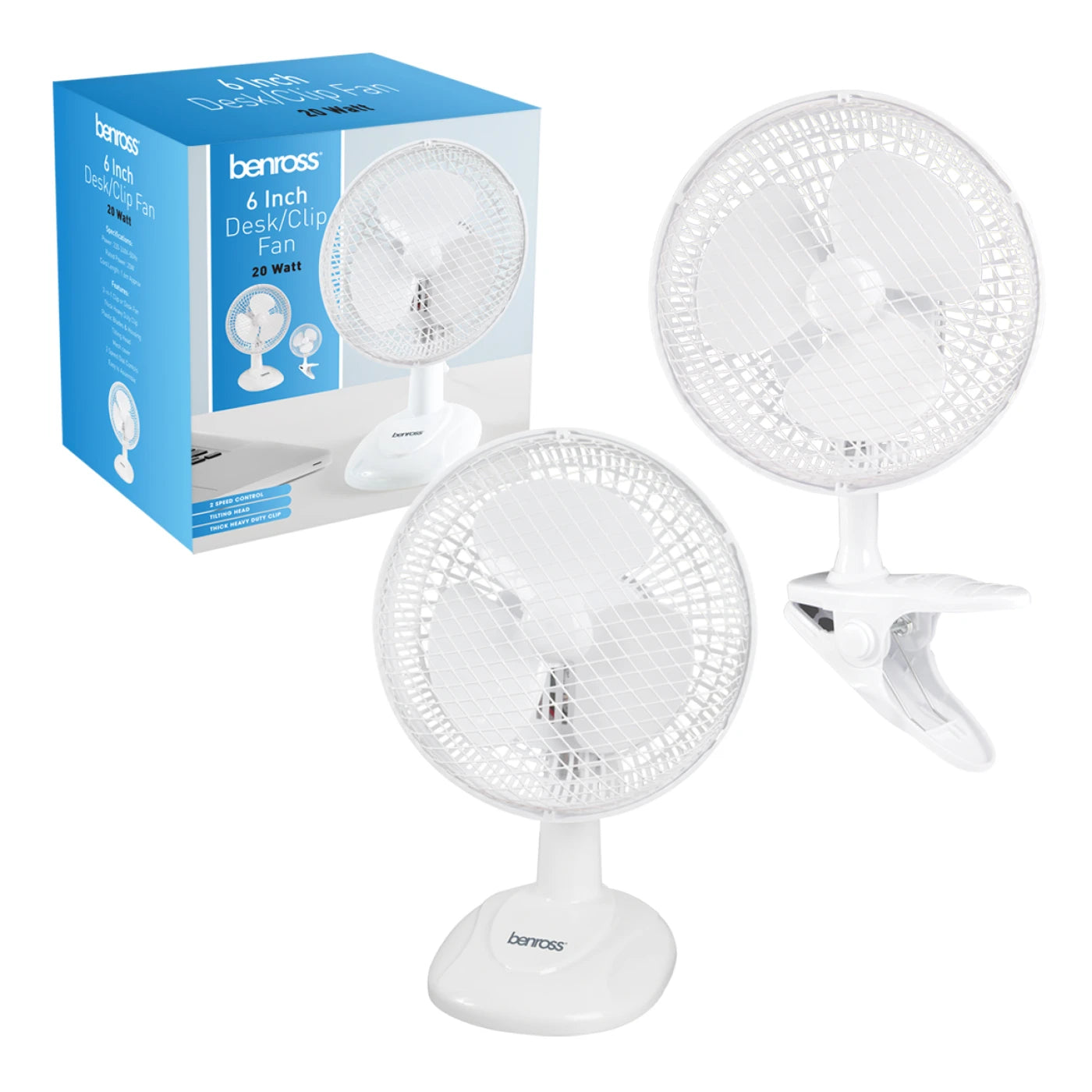 Benross 6" 2 in 1 Desk/Clip Fan Placement, Speeds, Flexible, Tilting, Head, Cooling