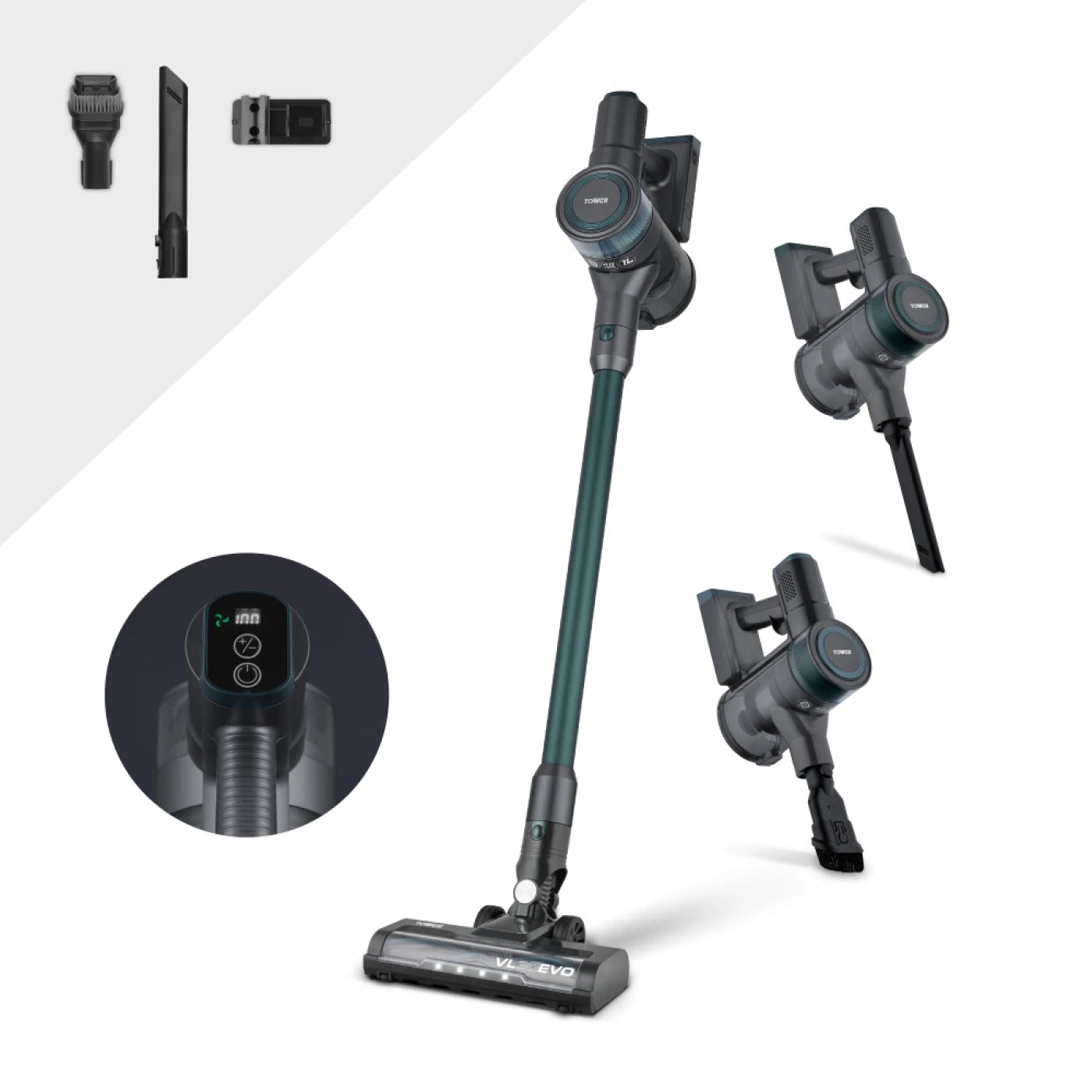 Tower T513013 VL30 EVO Cordless 3-in-1 Vacuum Cleaner with Motorised Floor Head, HEPA Filter, 1L, 150W, 22.2V, Emerald Green