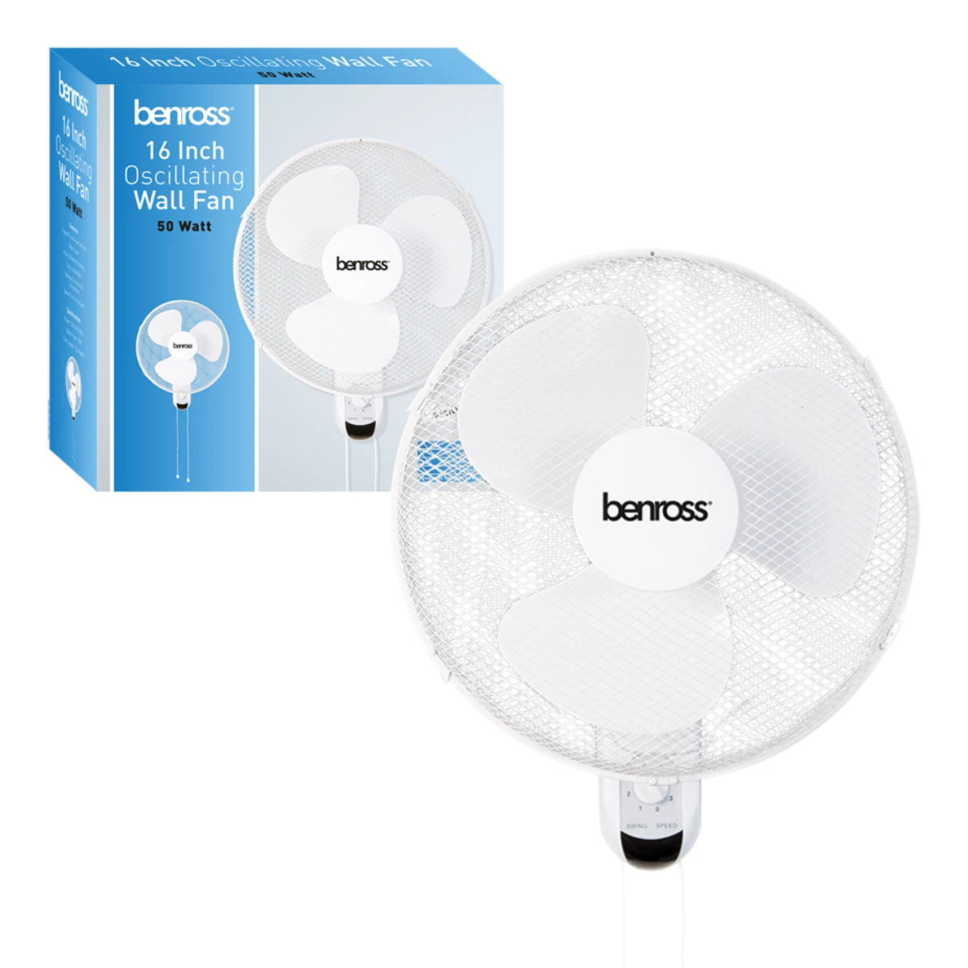 Benross 16" Oscillating Wall Fan Mounted, Speed, Oscillation, Tilting Head, Hassle Free Control