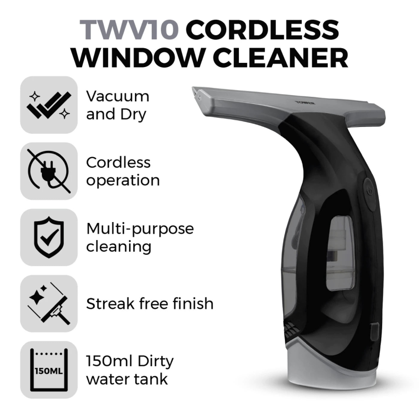 Tower T131001PL Cordless Window Vac Cleaner with Rechargeable Battery, 150ml Water Tank, 20W, Platinum
