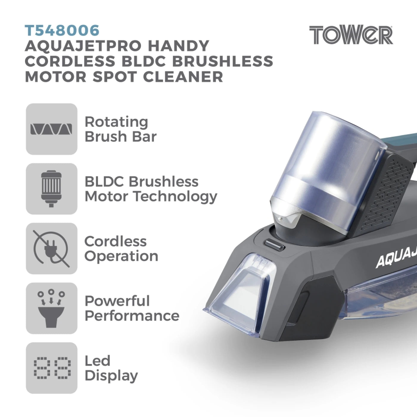 Tower T548006 AquajetPro Handy Cordless Spot Cleaner with BLDC Brushless Motor & Powerful Rotating Brush Bar, 0.3L Clean Tank, 0.4L Dirty Water Tank, 80W, Titanium & Tiffany Blue