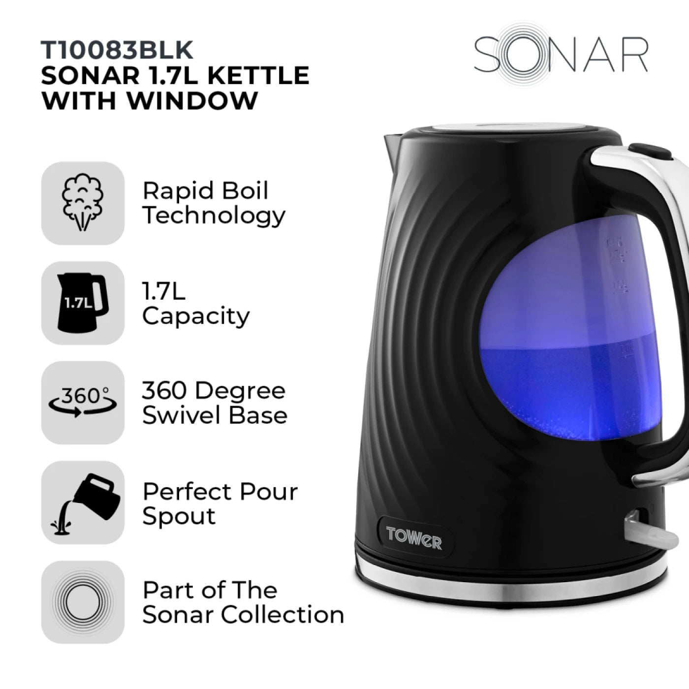 Tower T10083BLK Sonar Textured Kettle with Large Viewing Window & Blue Light, 360 Degree Base, 3000W, 1.7L