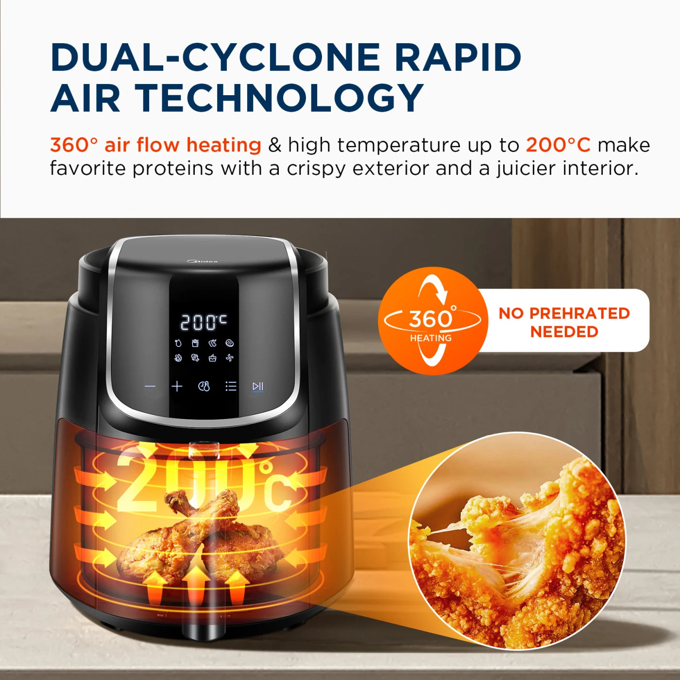 Midea Air Fryer 4L, Oil-Free Airfryer 1500W, 8 Pre-Programmed Cooking Modes, 35-200°C, Baking, Roasting, Grilling, Defrosting, Shake Alarm, 60-Minute Timer