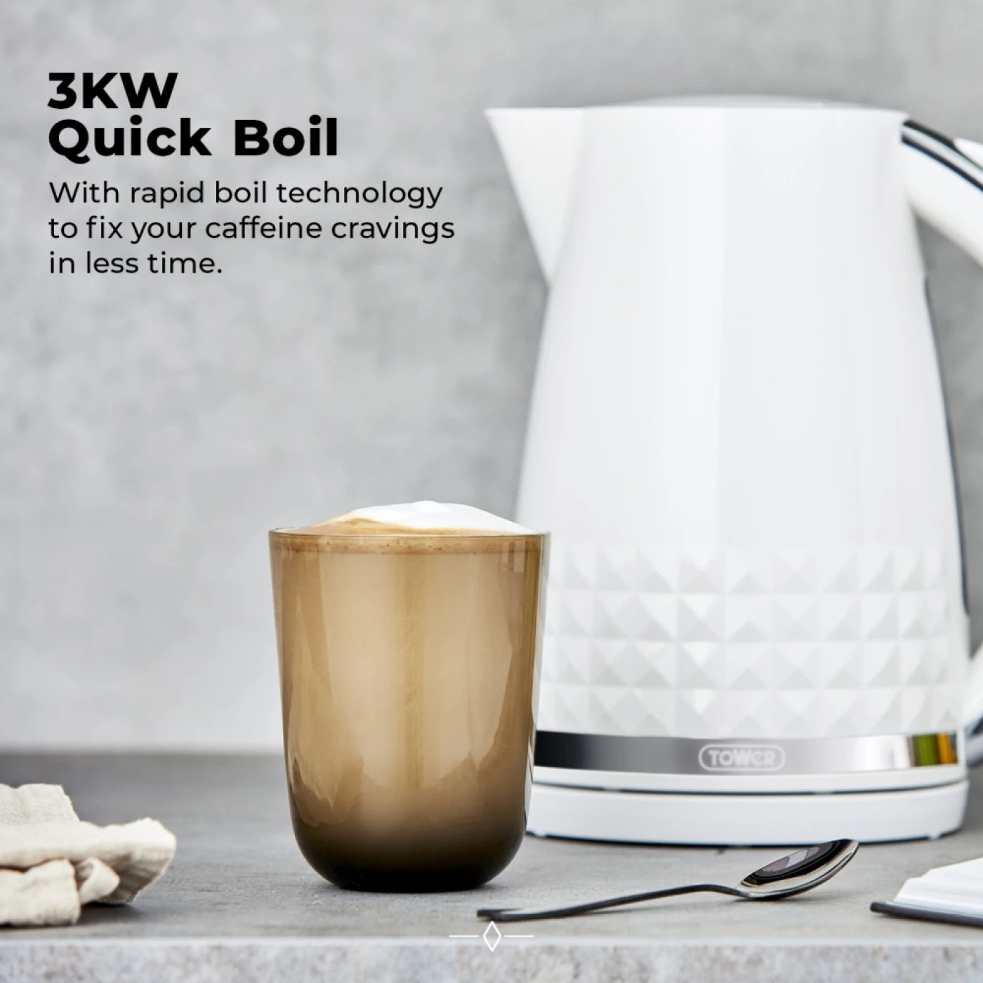 Tower T10075WHT Solitaire Kettle with 360° Swivel Base, Cord Storage, 1.5L, 3KW, White and Chrome Accents