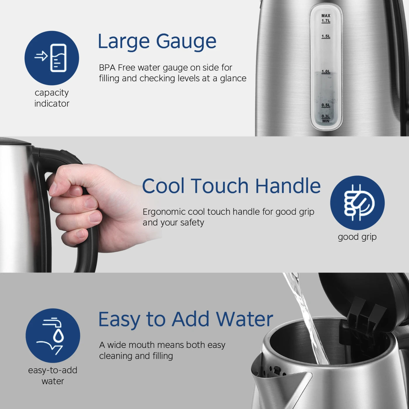 Midea Electric Kettle 3000W Fast Boil 1.7L Stainless Steel Kettle LED Indicator,Spring Lid,Removable Filter,Insulated Handle, Cordless Kettle with Water Level Indicator