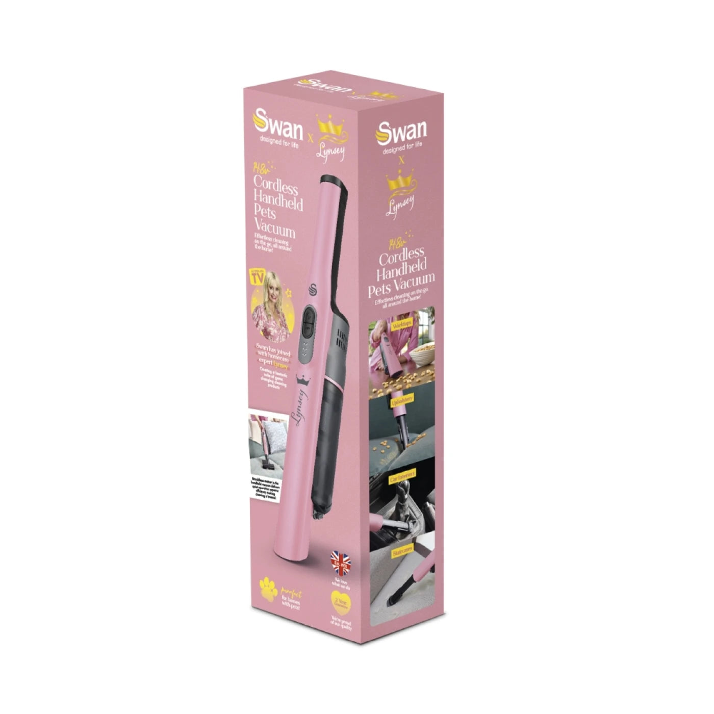 Swan SC15829QOC TV’s Queen of Clean Handheld Cordless Vacuum Cleaner, Lightweight, 2 Speed Settings, Includes 2 in 1 Nozzle, Sofa Brush, and Motorised Pet Tool, 14.8V, Pink