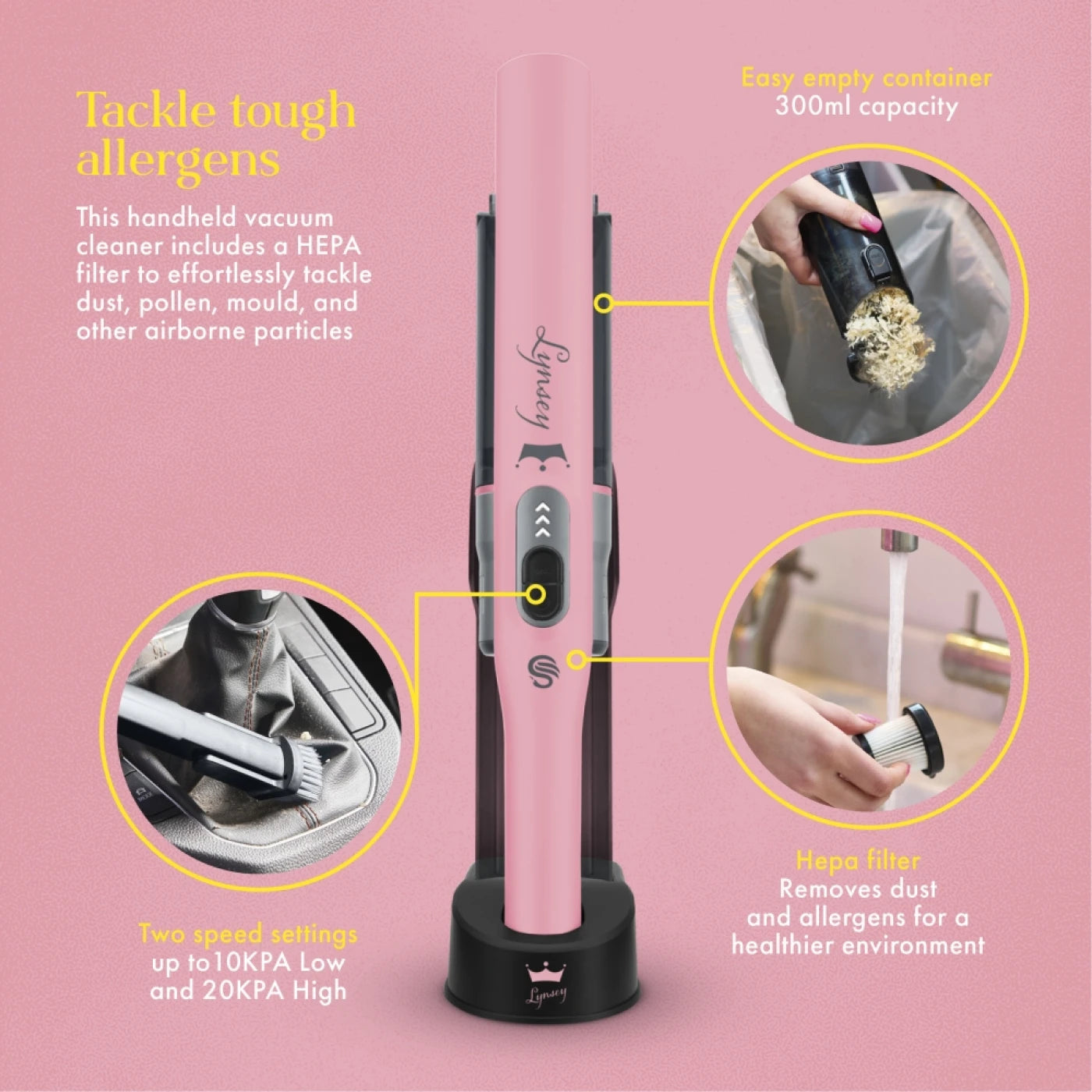 Swan SC15829QOC TV’s Queen of Clean Handheld Cordless Vacuum Cleaner, Lightweight, 2 Speed Settings, Includes 2 in 1 Nozzle, Sofa Brush, and Motorised Pet Tool, 14.8V, Pink