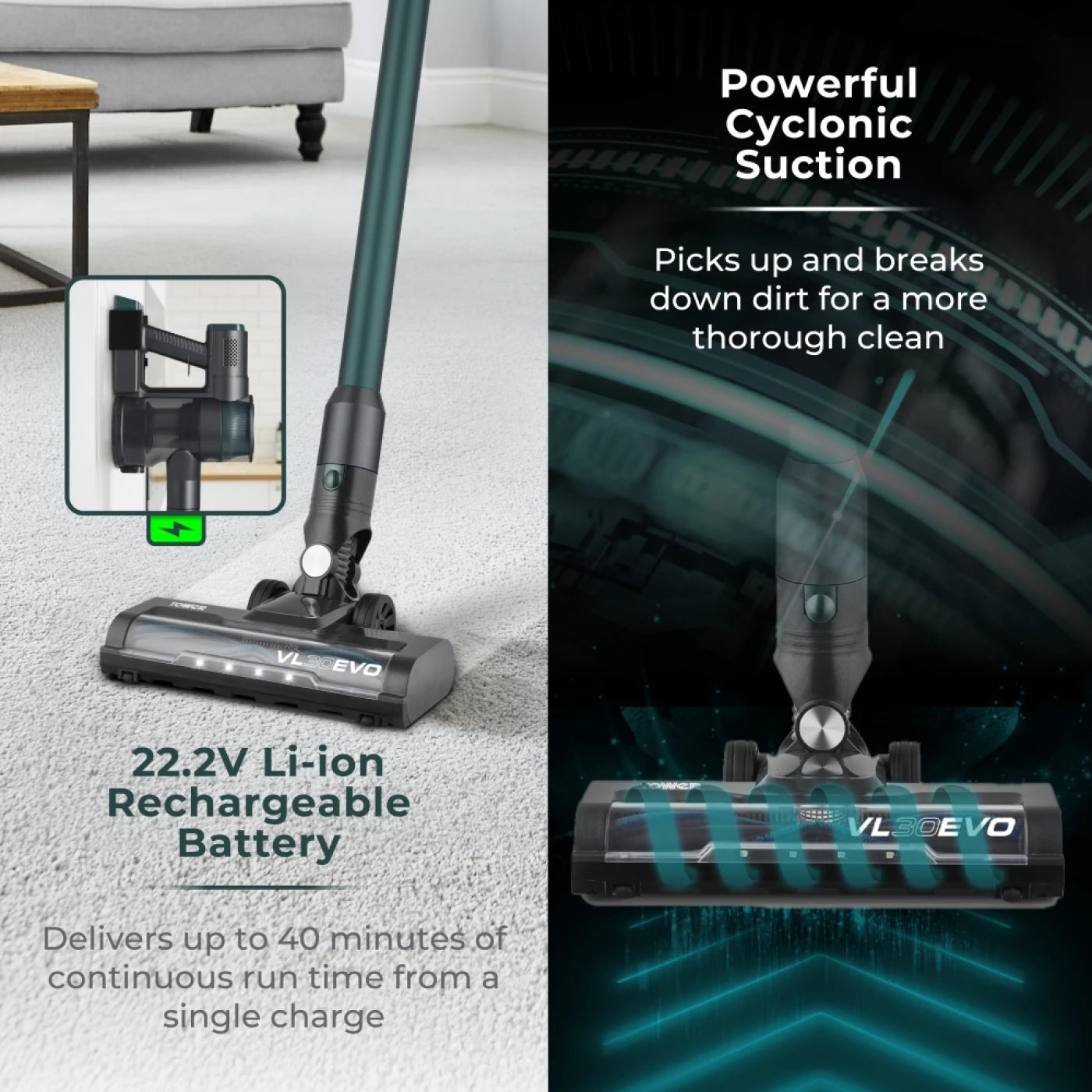 Tower T513013 VL30 EVO Cordless 3-in-1 Vacuum Cleaner with Motorised Floor Head, HEPA Filter, 1L, 150W, 22.2V, Emerald Green