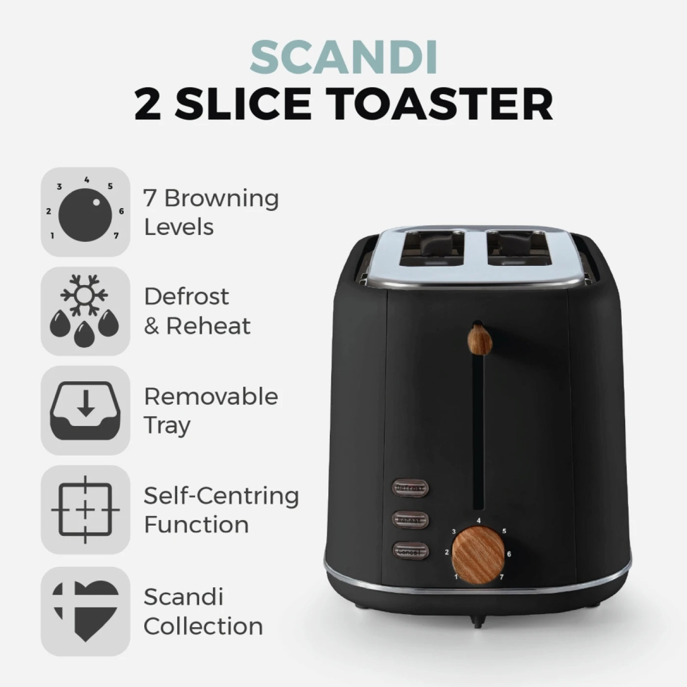 Tower T20027BLK Scandi 2 Slice Toaster with Adjustable Browning Control, Centring Function, 800W, Black
