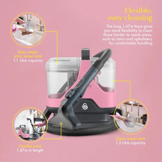 Swan SC18411QOC TV’s Queen of Clean Spot Cleaner with Auto-Stopping Function, Flexible Hose, and Interchangeable Heads, 600W, Pink