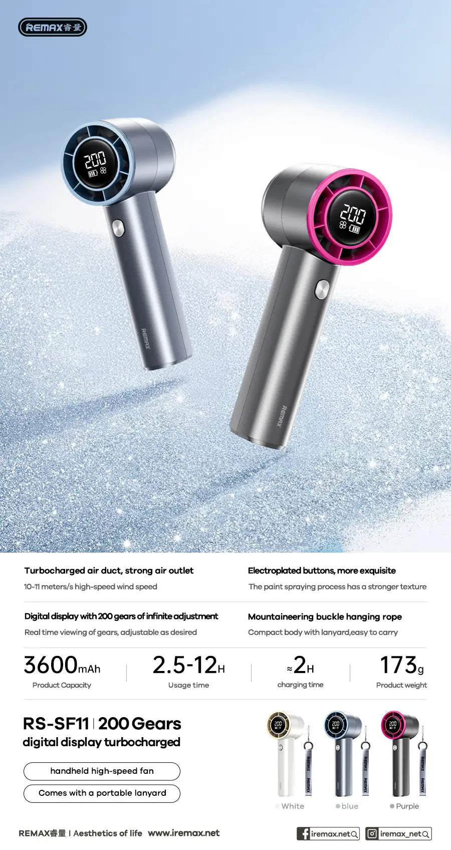 REMAX digital display turbocharged handheld high-speed fan Gun Purple