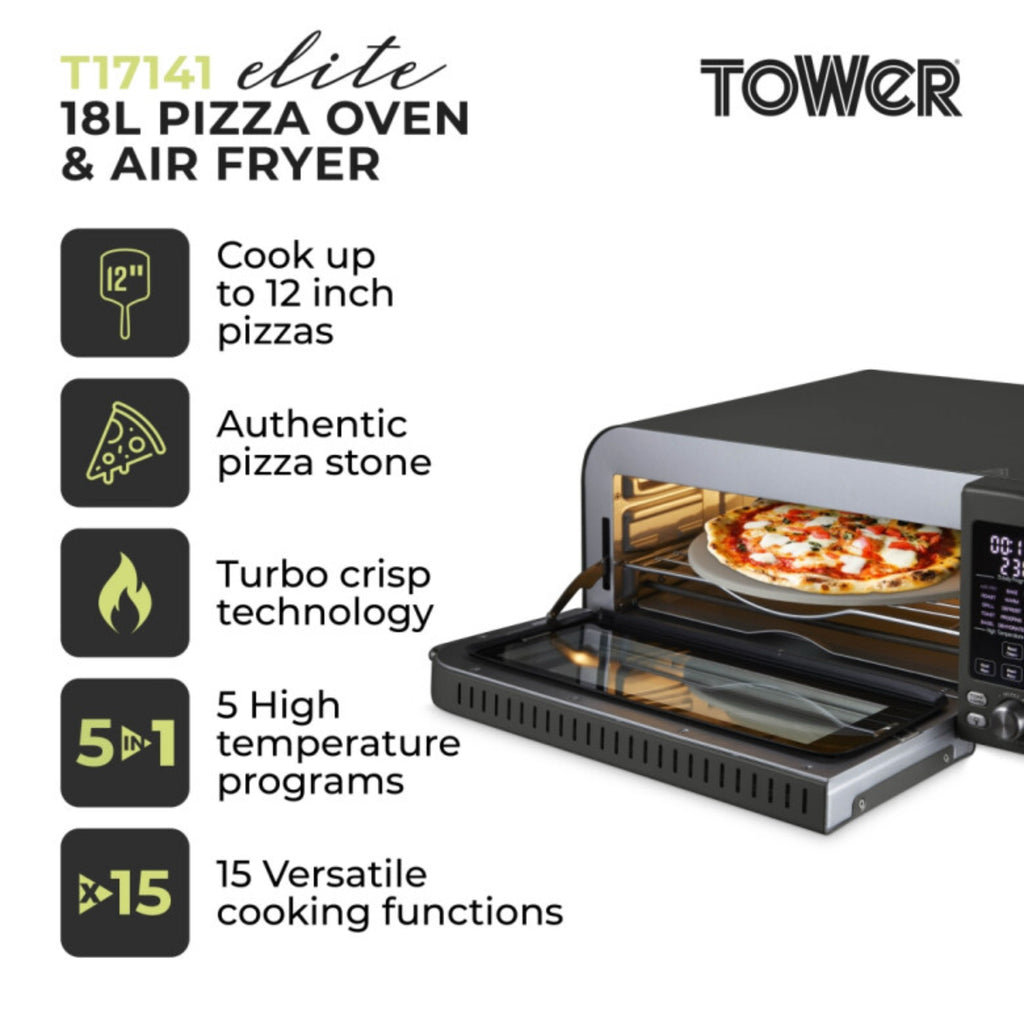 Tower T17141 Elite Pizza Oven with 5 High Temperature Programs, 15 Cooking Functions, Turbo Crisper, 18L, 2000W, Grey & Chrome