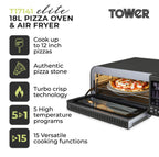 Tower T17141 Elite Pizza Oven with 5 High Temperature Programs, 15 Cooking Functions, Turbo Crisper, 18L, 2000W, Grey & Chrome