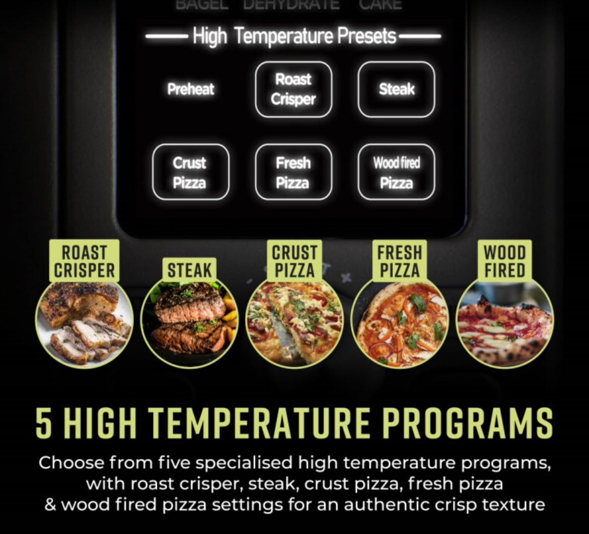 Tower T17141 Elite Pizza Oven with 5 High Temperature Programs, 15 Cooking Functions, Turbo Crisper, 18L, 2000W, Grey & Chrome